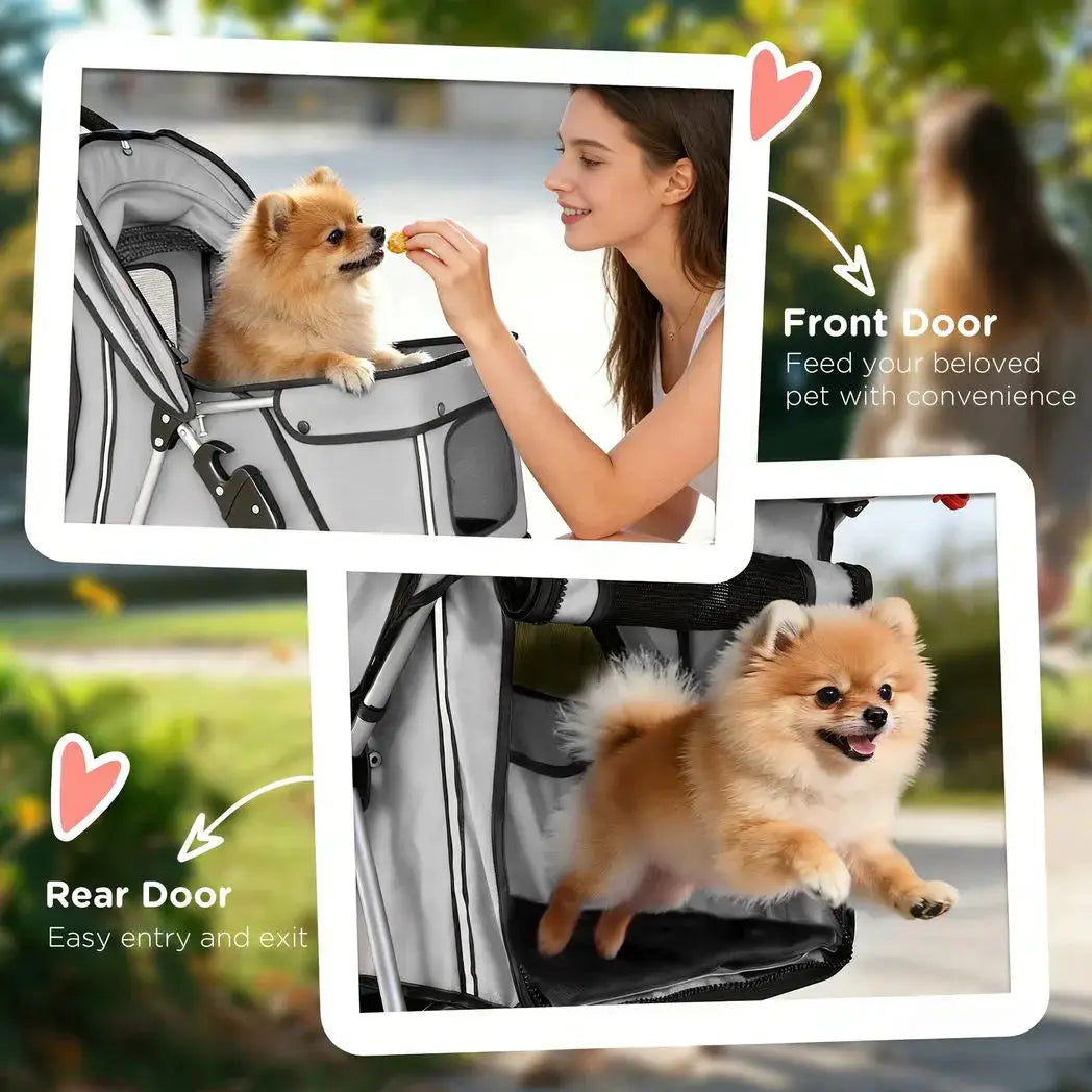 PawHut Dog Pram, Pet Stroller with Reflective Strips, Foldable Cat Stroller with 360° Swivel Wheels, Grey - from PawHut