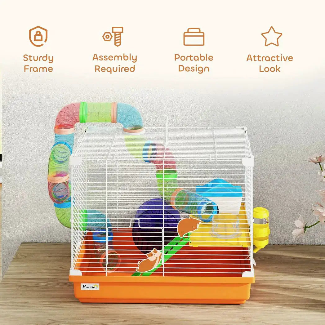 PawHut 2 Tier Hamster Cage, Gerbil Cage with Handle, Exercise Wheels, Tunnel, Water Bottle, Dishes, Ladder, for Dwarf - from PawHut