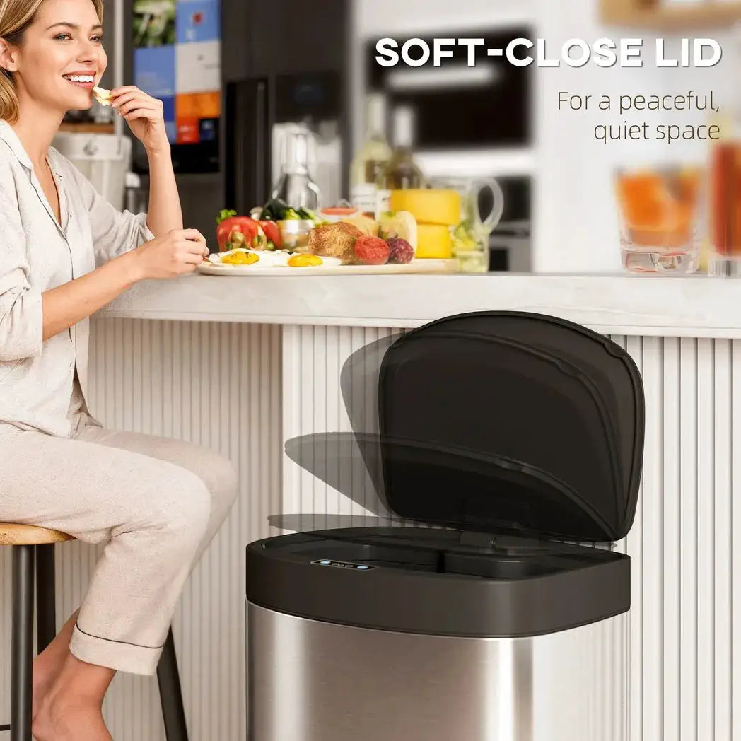 HOMCOM 55L Sensor Bin with Soft-Close Lid, Automatic Touchless Motion Sensor Kitchen Bin with Fingerprint Resistant Stainless Steel for Hygienic Gyms, Home Office Use, Silver Tone - from HOMCOM