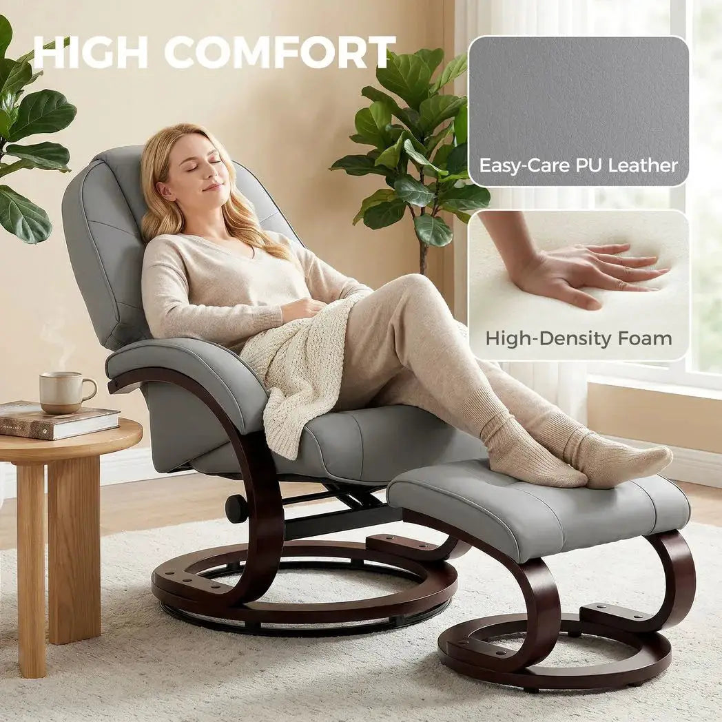 HOMCOM Swivel Recliner Chair with Footstool, PU Leather Recliner Armchair with Adjustable Back and Wood Frame, Grey - from HOMCOM
