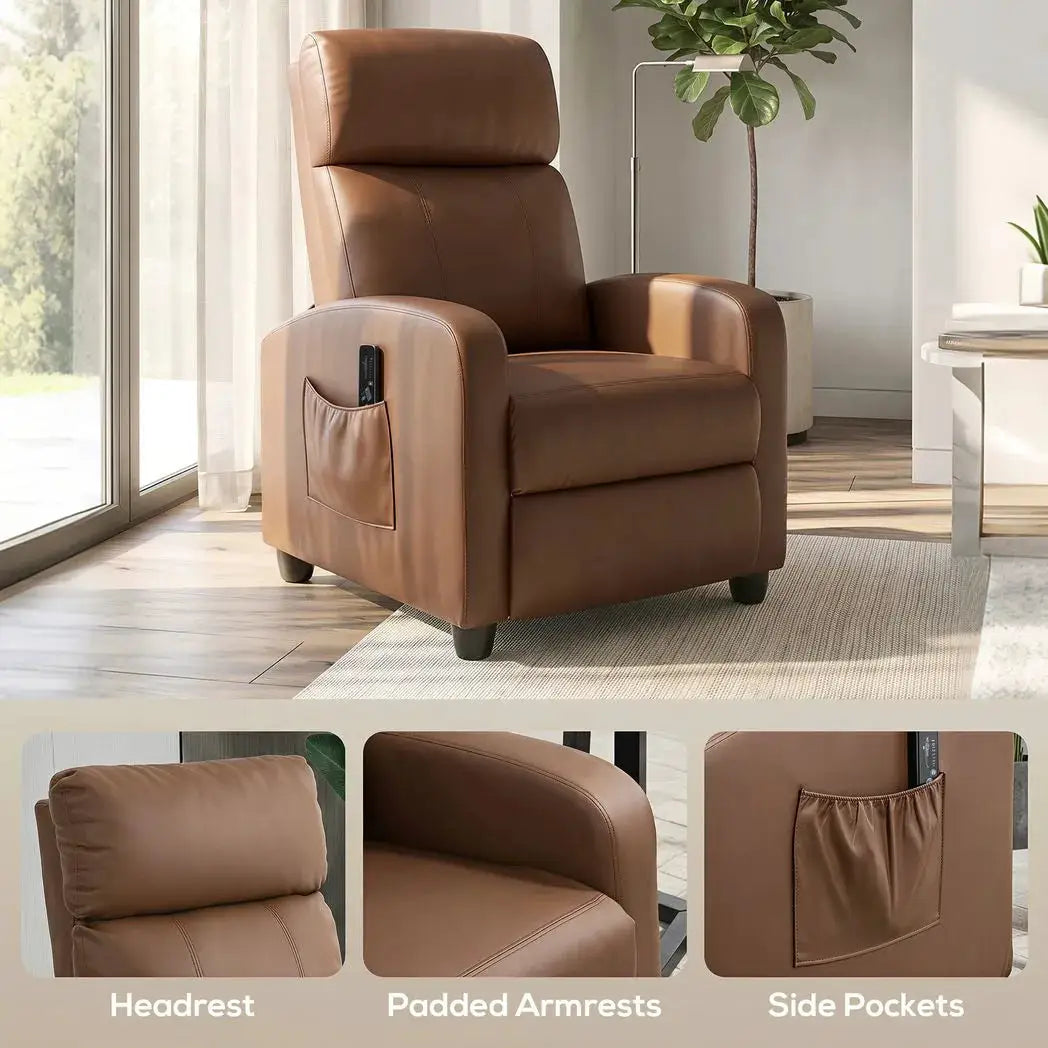 HOMCOM Recliner Armchair, Massage Faux Leather Push Back Reclining Chair with Adjustable Leg Rest, Side Pocket, Dark Brown - from HOMCOM