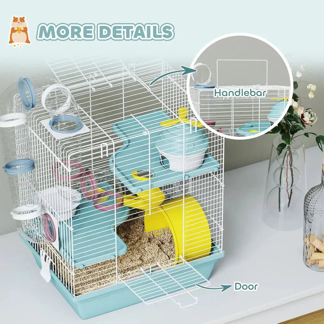 PawHut 3-Level Hamster Cage with Exercise Wheel, Water Bottle, Food Bowl, for Dwarf Hamsters, 34.5 x 27.5 x 41 cm, Blue - from PawHut