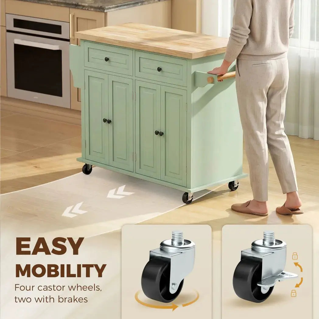 HOMCOM Rolling Kitchen Island Storage Trolley with Rubber Wood Top & Drawers for Dining Room, Light Green - from HOMCOM