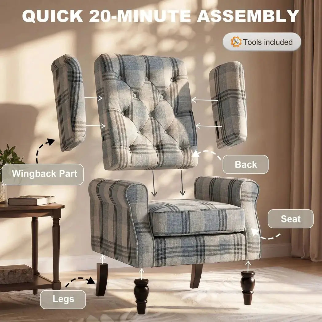 HOMCOM Faux Linen Armchair with Thick Spring Cushion, Wingback Accent Chair with High Back, Solid Wood Legs, Mixed Plaid - from HOMCOM