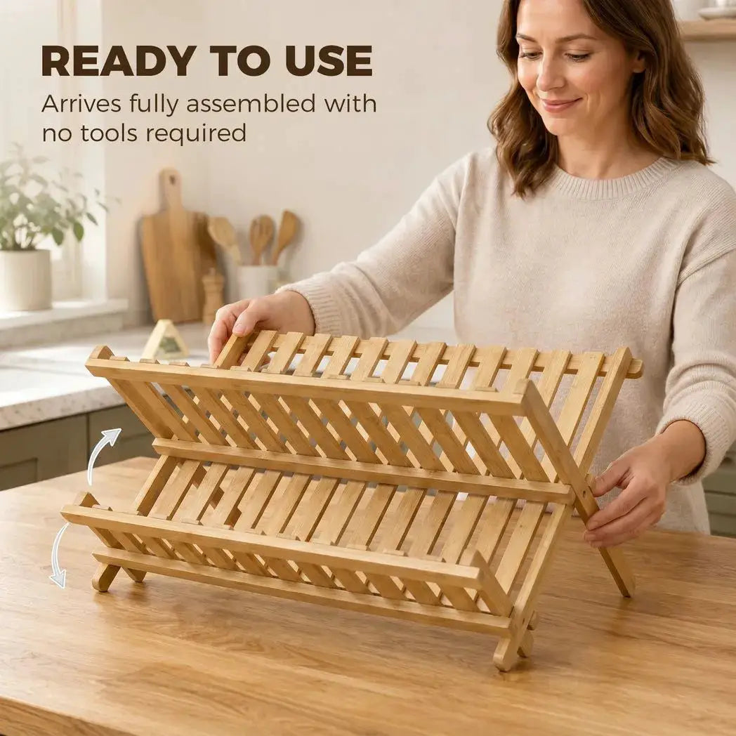 HOMCOM Kitchen Storage Unit, 2-Tier Foldable Kitchen Storage Rack with Slatted Draining Shelves, Natural Wood Finish - from HOMCOM