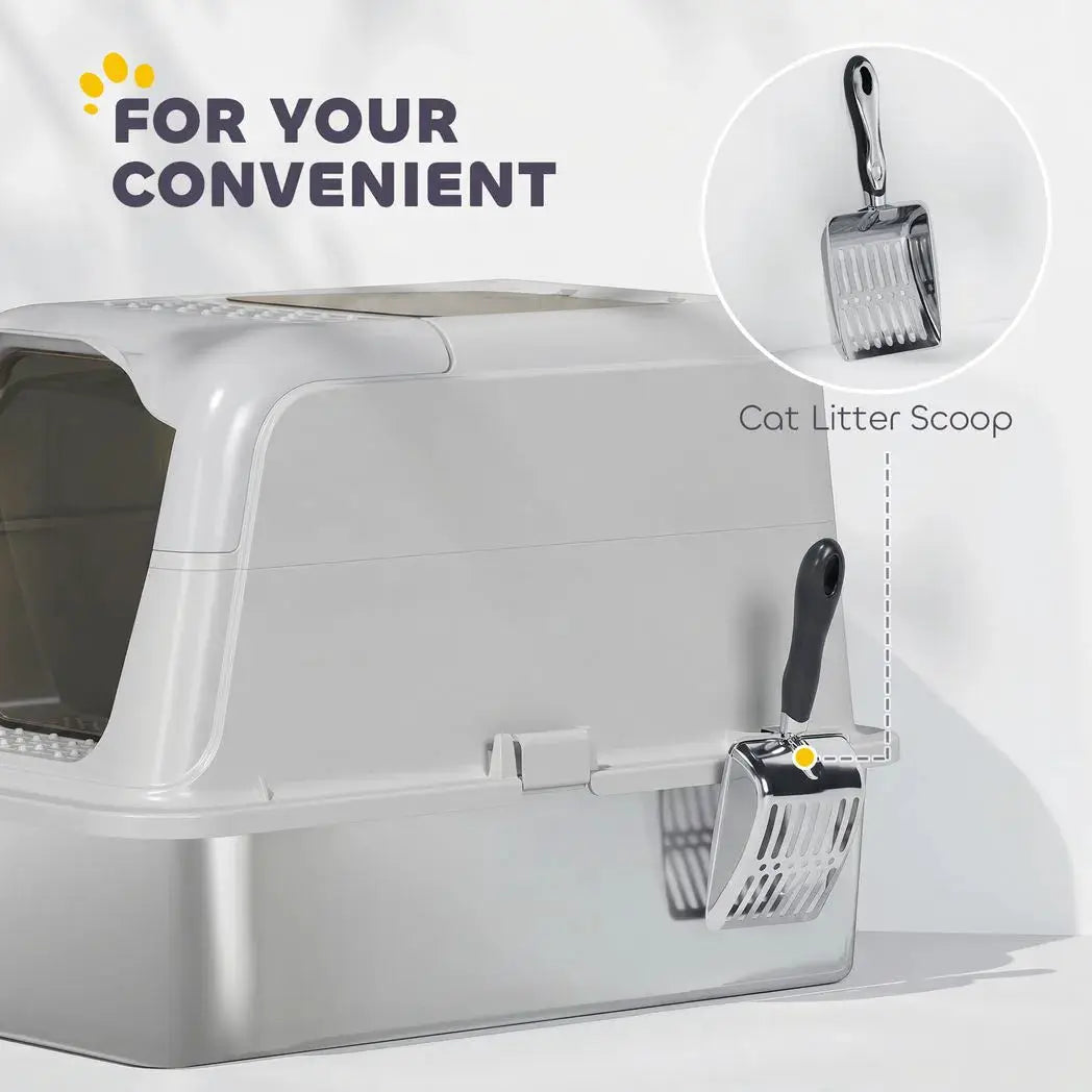 PawHut Extra Large Stainless Steel Litter Box, Enclosed Cat Litter Tray with Scoop, Deodorizer Bag, Front-Entry and Top-Exit - from PawHut