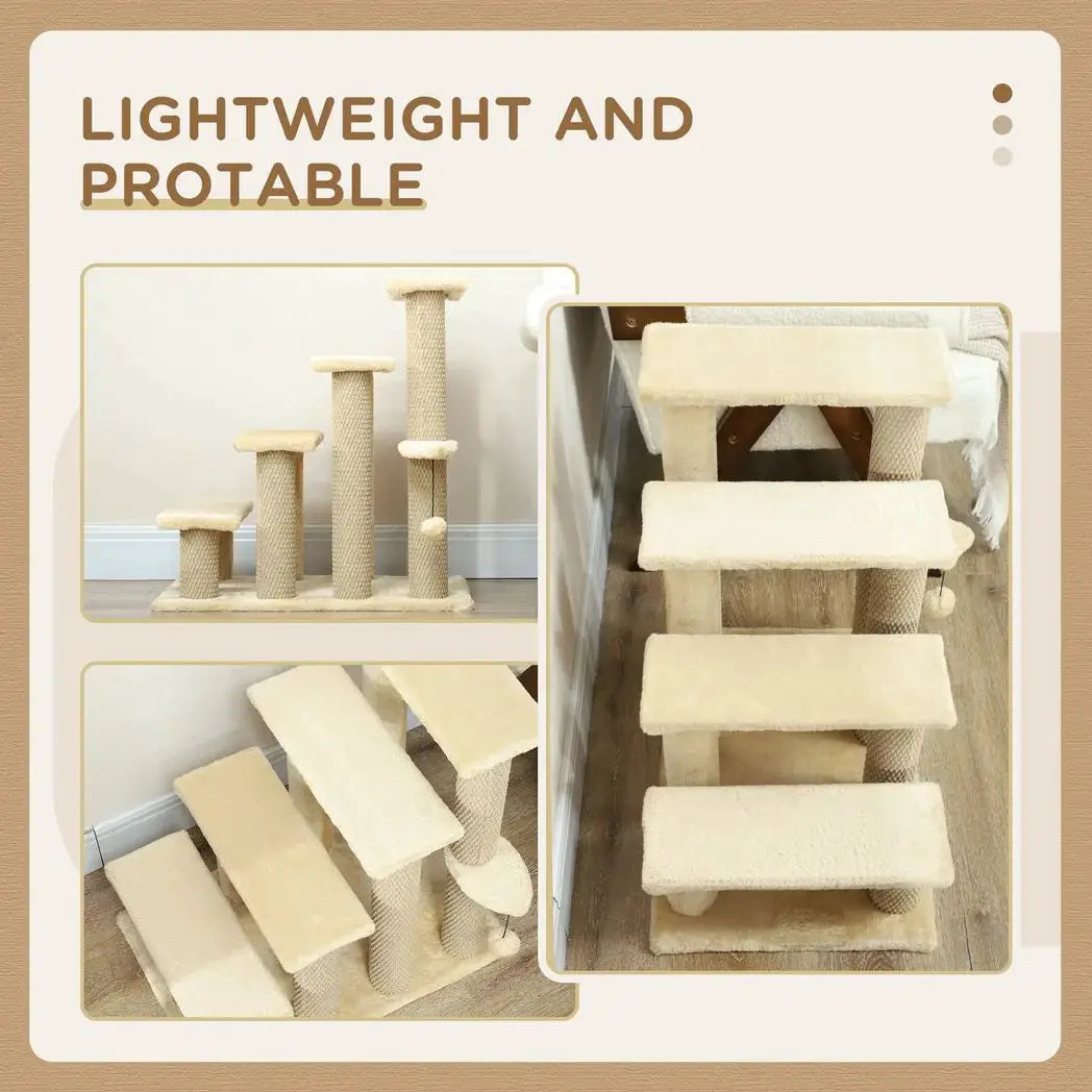 PawHut 4-step Pet Stairs with Scratching Posts, Platforms, Toy Ball, Beige - from PawHut