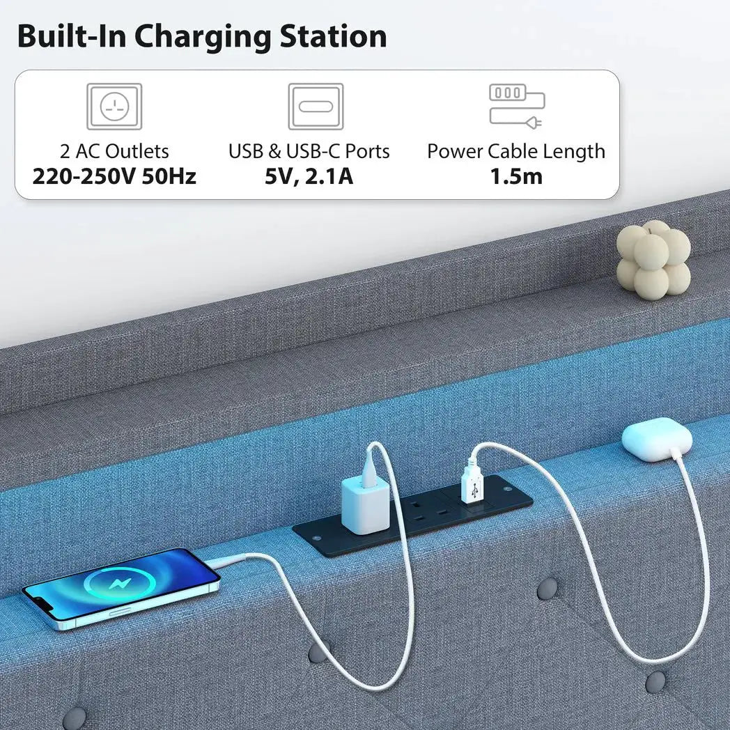 HOMCOM Floating Bed Frame, Upholstered 5ft King Size Bed, Platform Bed with RGB LED Lights and Charging Station, Grey - from HOMCOM
