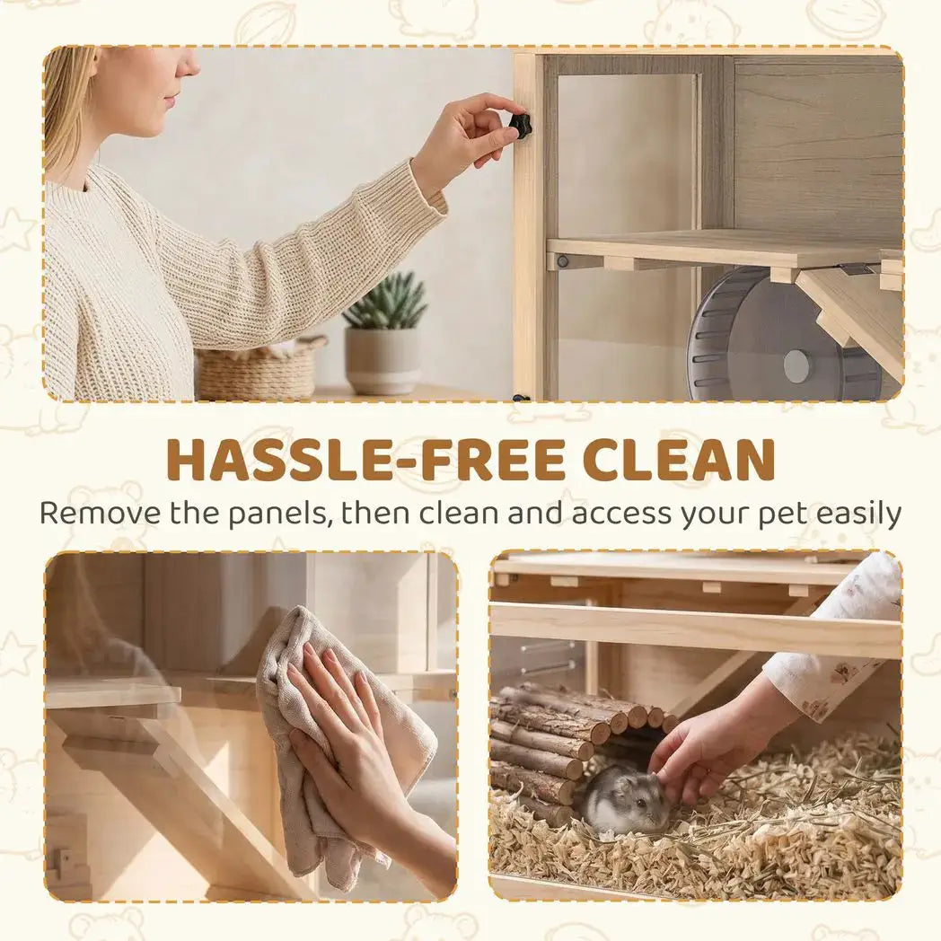 PawHut Wooden Hamster Cage with Hut, Wheel, Ramps, Removable Viewing Panels, 80 x 50 x 84 cm, Natural - from PawHut