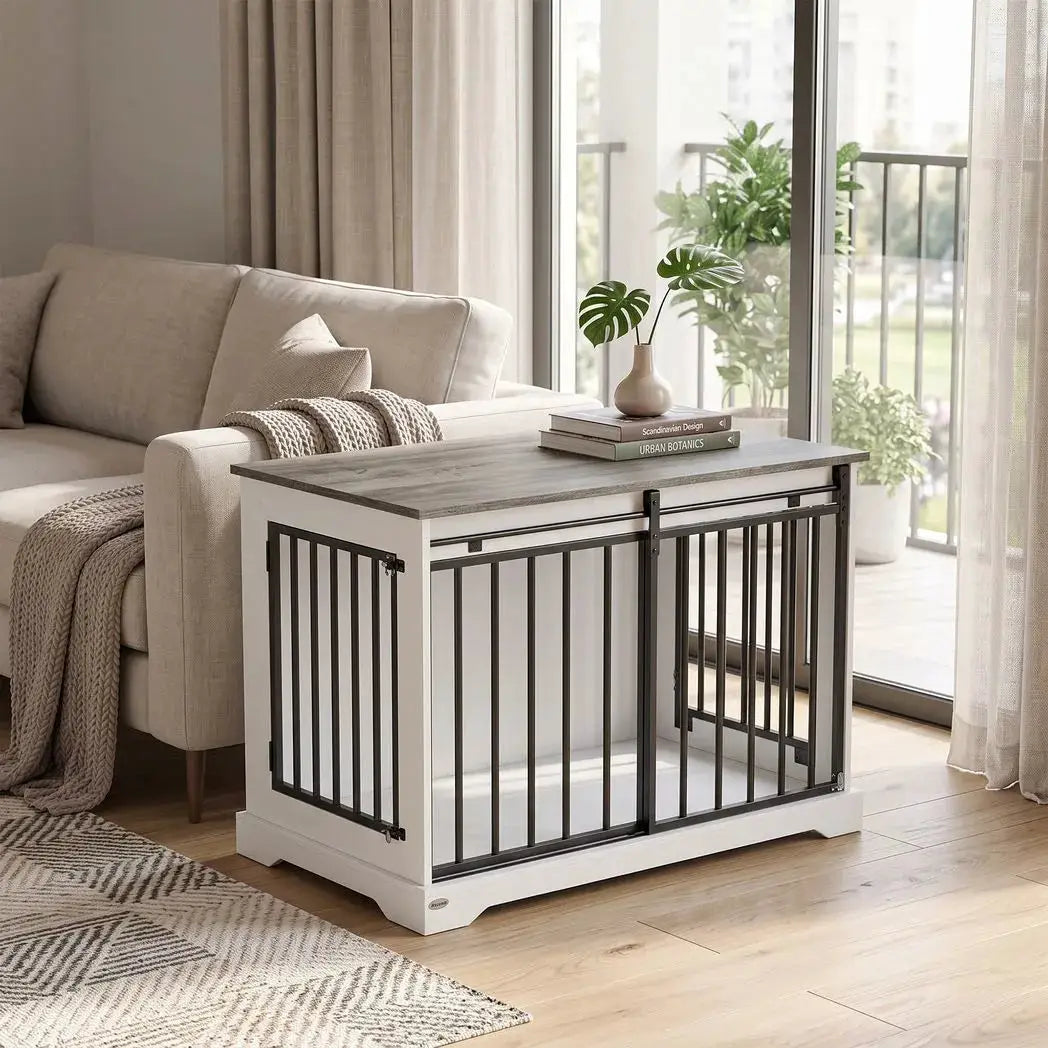 PawHut 100 cm Large Dog Crate Furniture with Sliding Barn Door for Large Dogs, White - from PawHut