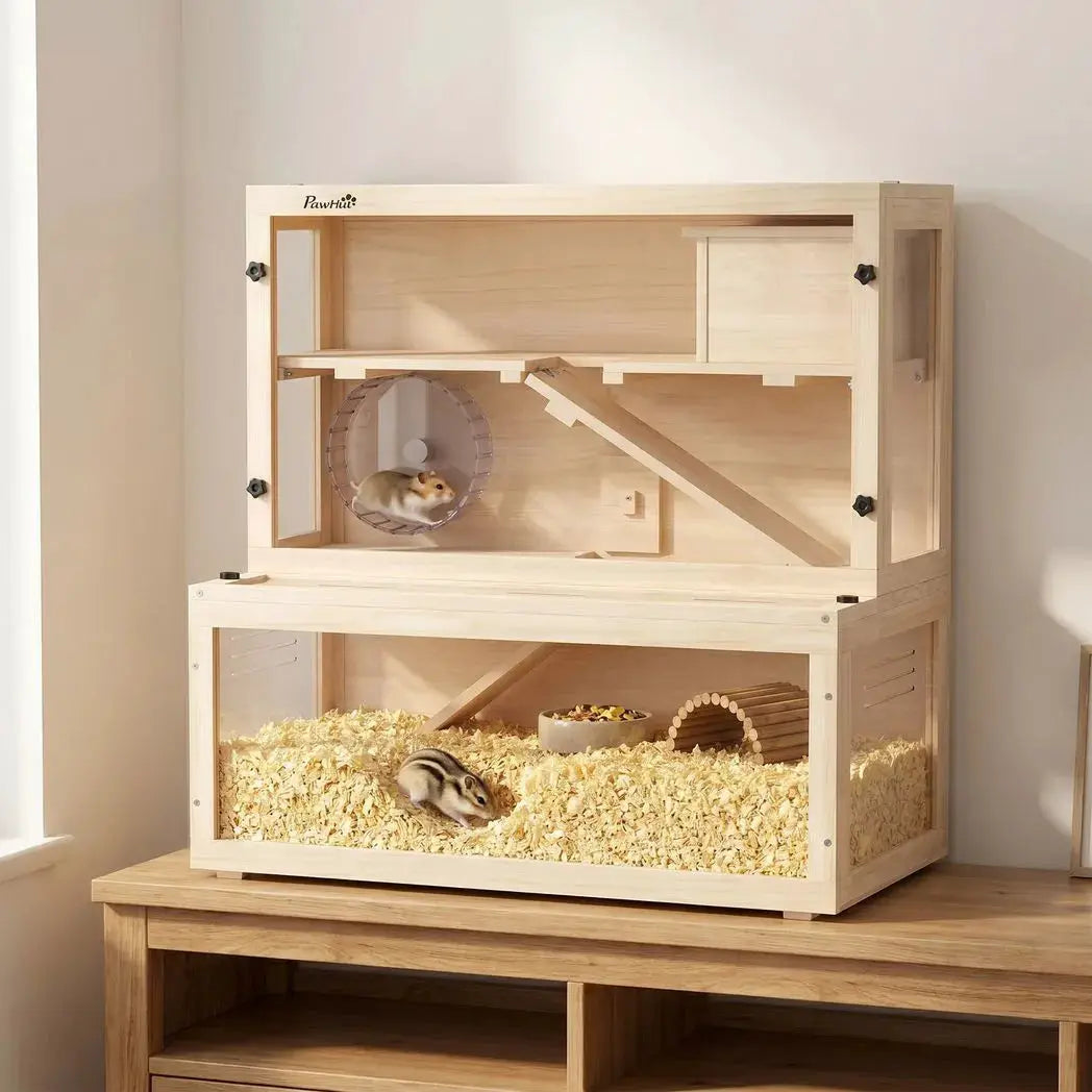 PawHut Wooden Hamster Cage with Hut, Wheel, Ramps, Removable Viewing Panels, 80 x 50 x 84 cm, Natural - from PawHut
