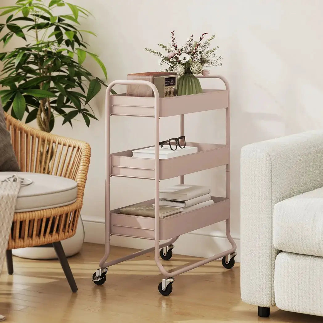 HOMCOM 3-Tier Storage Trolley on Wheels, Rolling Utility Cart with Mesh Backets for Kitchen, Bathroom, Bedroom, Light Pink - from HOMCOM