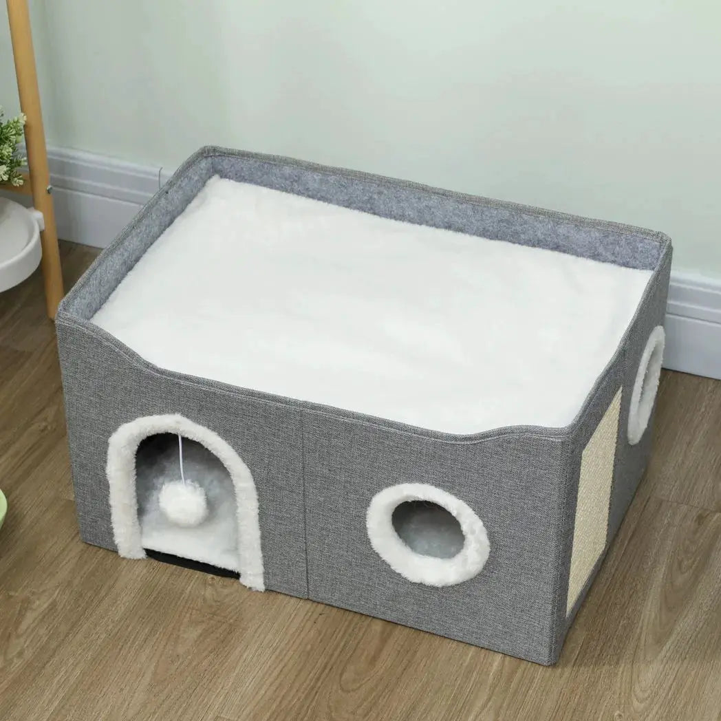 PawHut Cat Bed for Indoor Pets, Foldable Cat House with Fluffy Ball and Scratch Pad for Small and Medium Pets, Grey - from PawHut