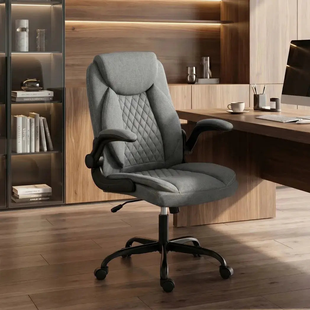 HOMCOM Linen-Look Computer Desk Chair, Executive Office Chair with Flip-Up Armrests and Thick Cushion, Grey - from HOMCOM