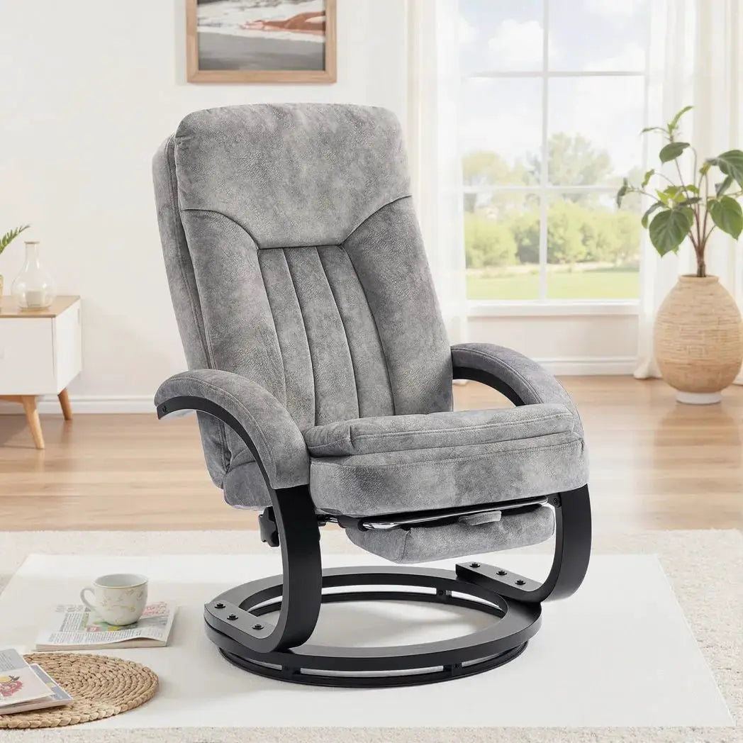 HOMCOM Swivel Recliner Chair with Footrest, Manual Recliner Armchair with Wooden Base, Plush Velvet Upholstered Reclining Chair for Living Room, Bedroom, Office, Grey - from HOMCOM