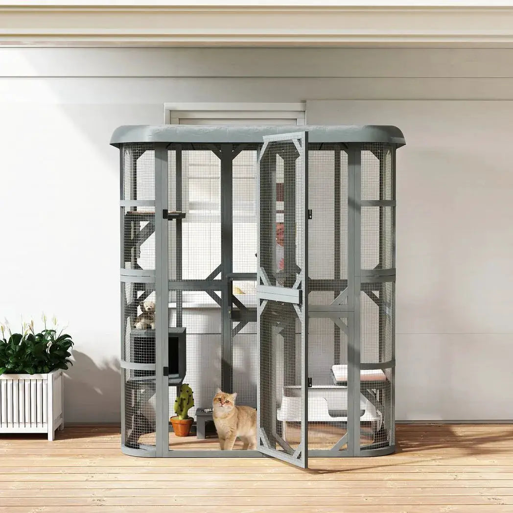 PawHut Catio Outdoor Cat Enclosure, Wooden Cat House with Platforms, Condo and Waterproof Cover for 2?3 Kittens, Grey - from PawHut