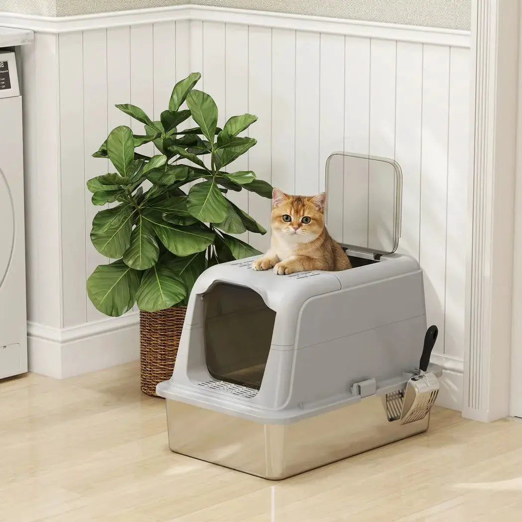 PawHut Extra Large Stainless Steel Litter Box, Enclosed Cat Litter Tray with Scoop, Deodorizer Bag, Front-Entry and Top-Exit - from PawHut