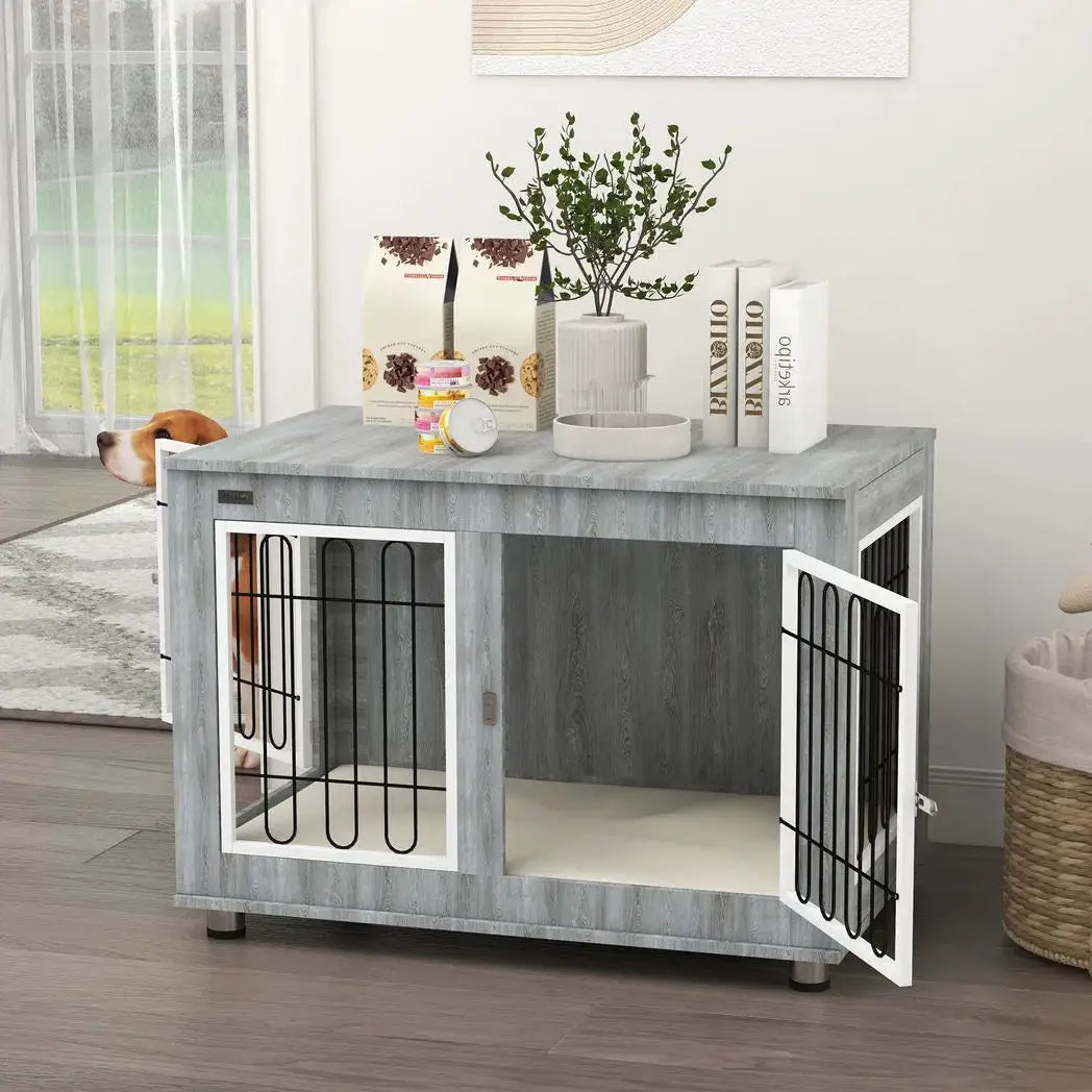 PawHut Dog Crate Furniture End Table, with Washable Cushion, Double Doors, for Medium/Large Dogs, Grey - from PawHut