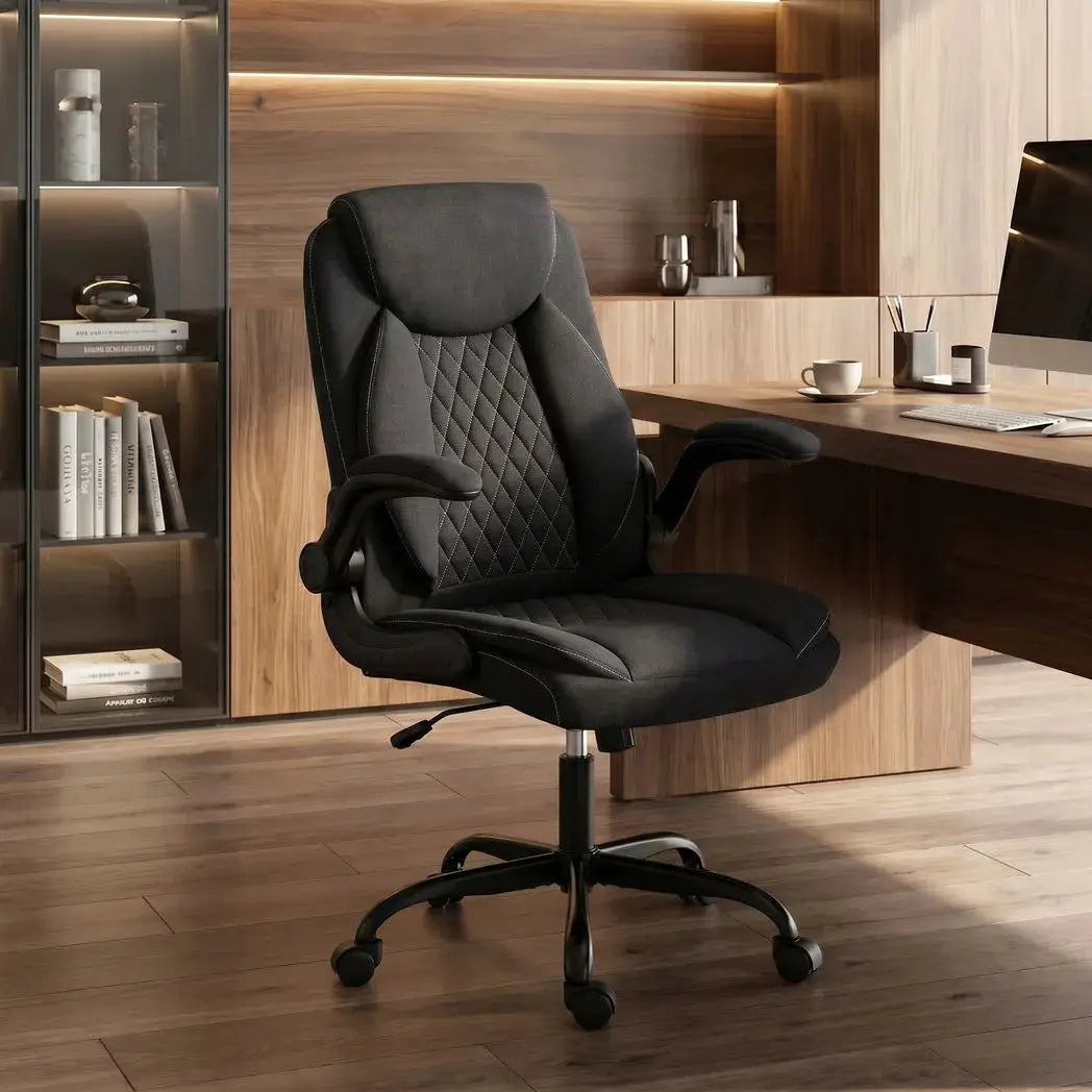 HOMCOM Linen-Look Computer Desk Chair, Executive Office Chair with Flip-Up Armrests and Thick Cushion, Black - from HOMCOM