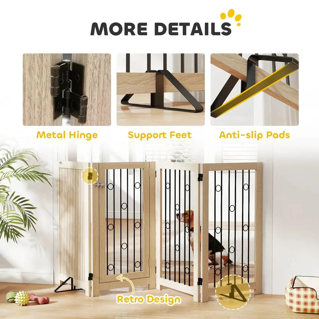 PawHut 4 Panel Freestanding Pet Gate, Indoor Dog Barrier with Lockable Door, Support Feet, 360° Flexible Hinges, Oak - from PawHut