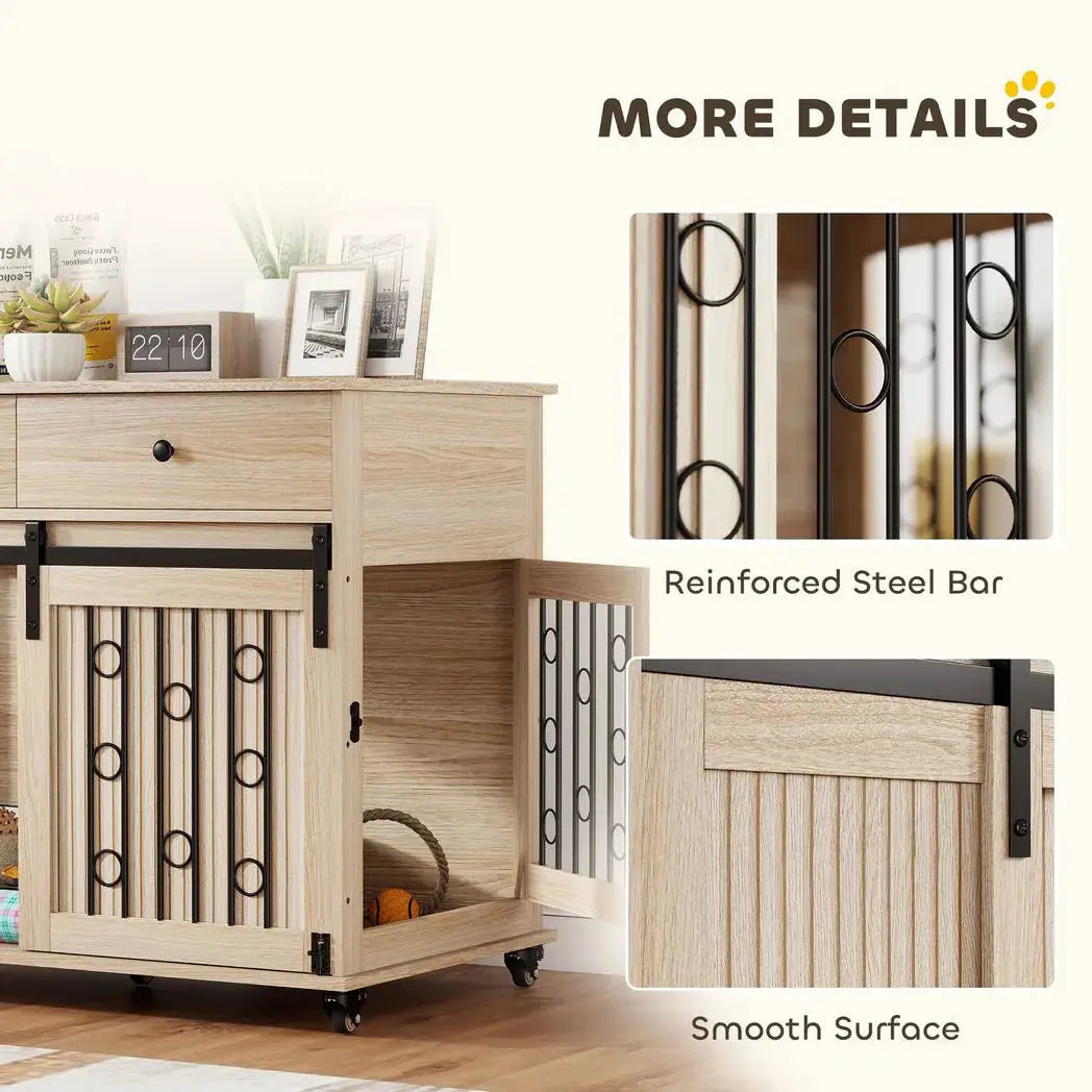 PawHut Dog Crate Furniture on Wheels, Dog Cage with 2 Drawers, Sliding Door, for Medium Large Dogs, Oak Tone - from PawHut