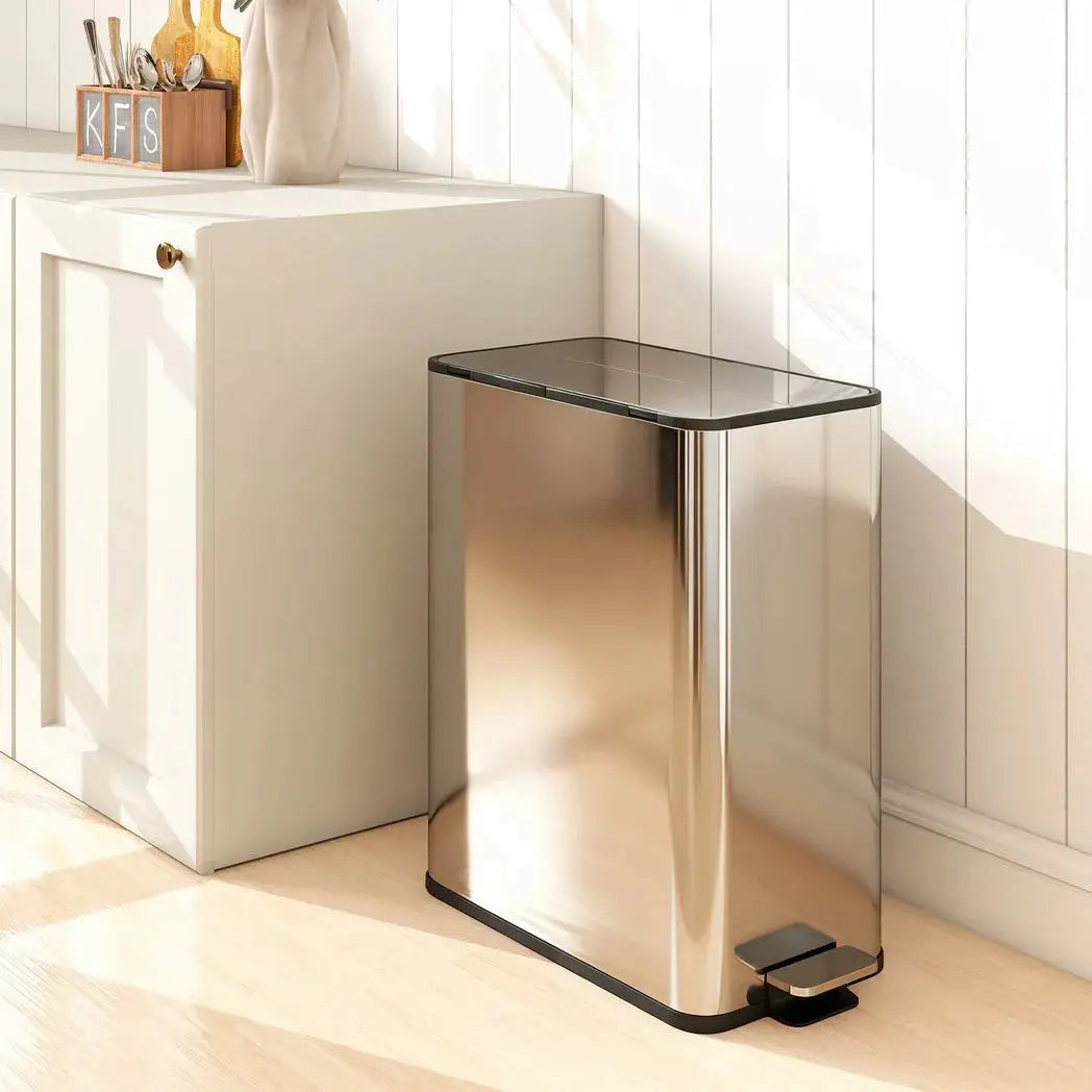HOMCOM Dual Kitchen Bin with Soft-Close Butterfly Lid, 2 x 28L Stainless Steel Pedal Bin with Removable Inner Buckets, Fingerprint-Proof for Recycling and Waste, Silver Tone - from HOMCOM