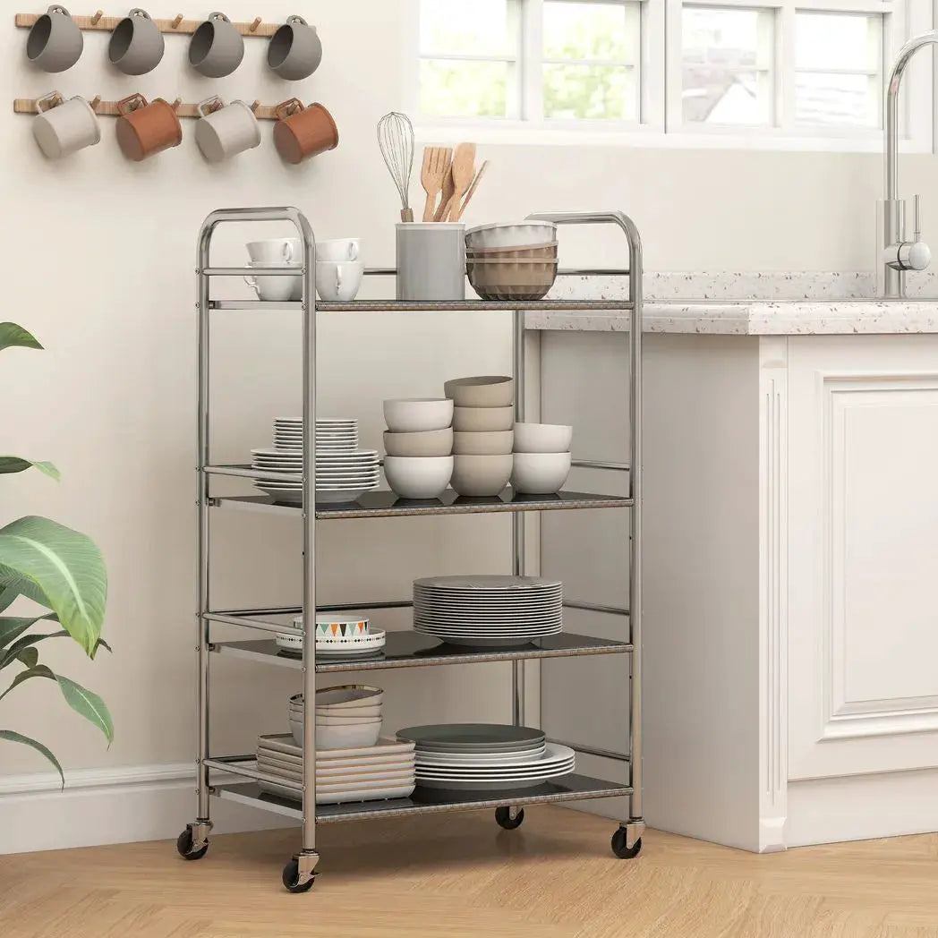 HOMCOM 4 Tier Stainless Steel Kitchen Storage Trolley with Adjustable Shelves - Silver - from HOMCOM