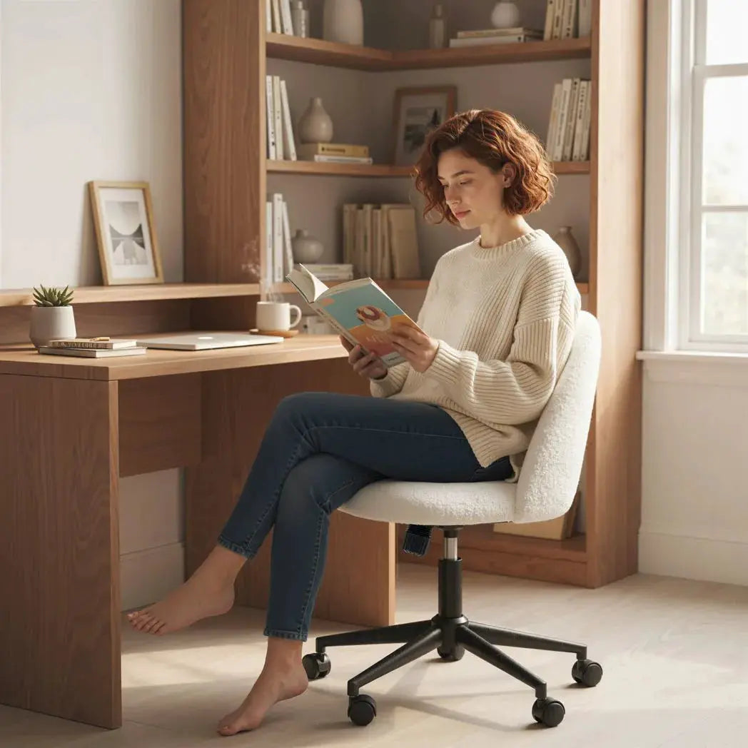 HOMCOM Teddy Fleece Office Chair with Wheels - Cream White - from HOMCOM