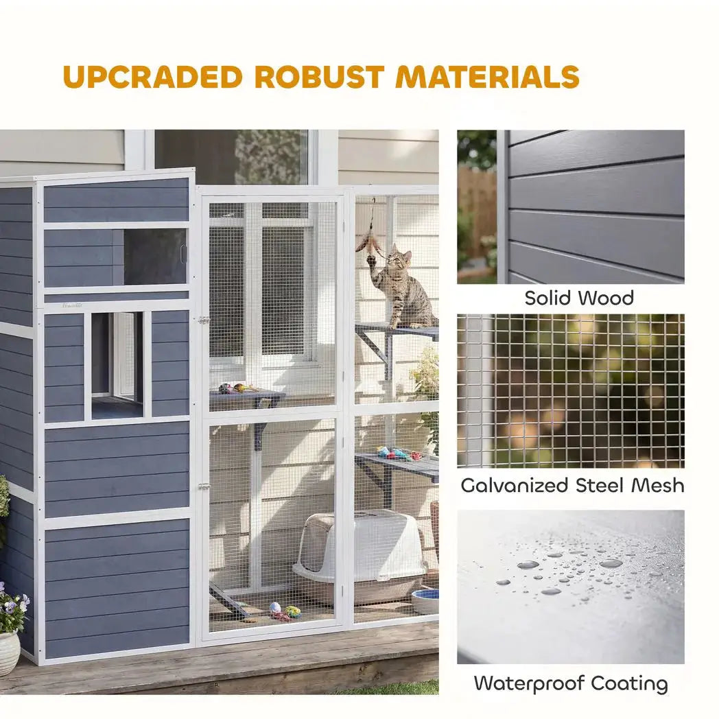 PawHut 4-Tier Wooden Catio Cat Outdoor Enclosure with Sun Roof, Resting Rooms, 3 Platforms, Window Outdoor Indoor, Grey - from PawHut
