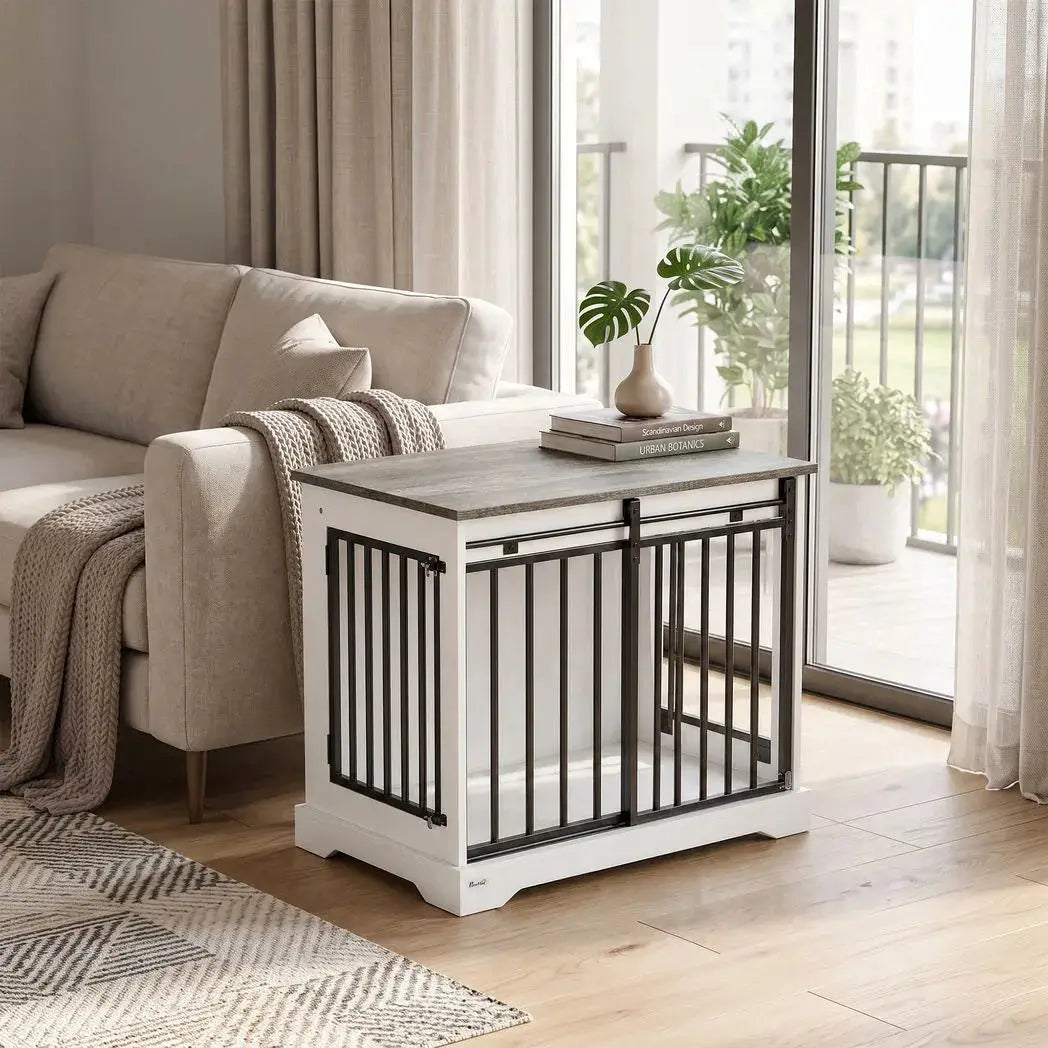 PawHut 80 cm Dog Crate Furniture with Sliding Barn Door for Medium Dogs, White - from PawHut