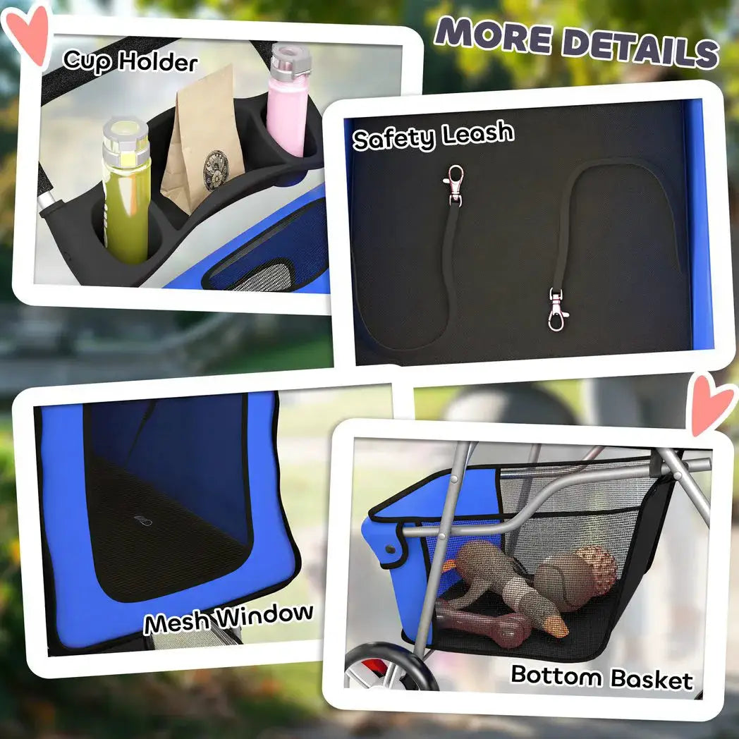 PawHut Dog Pram, Pet Stroller with Reflective Strips, Foldable Cat Stroller with 360° Swivel Wheels, Blue - from PawHut