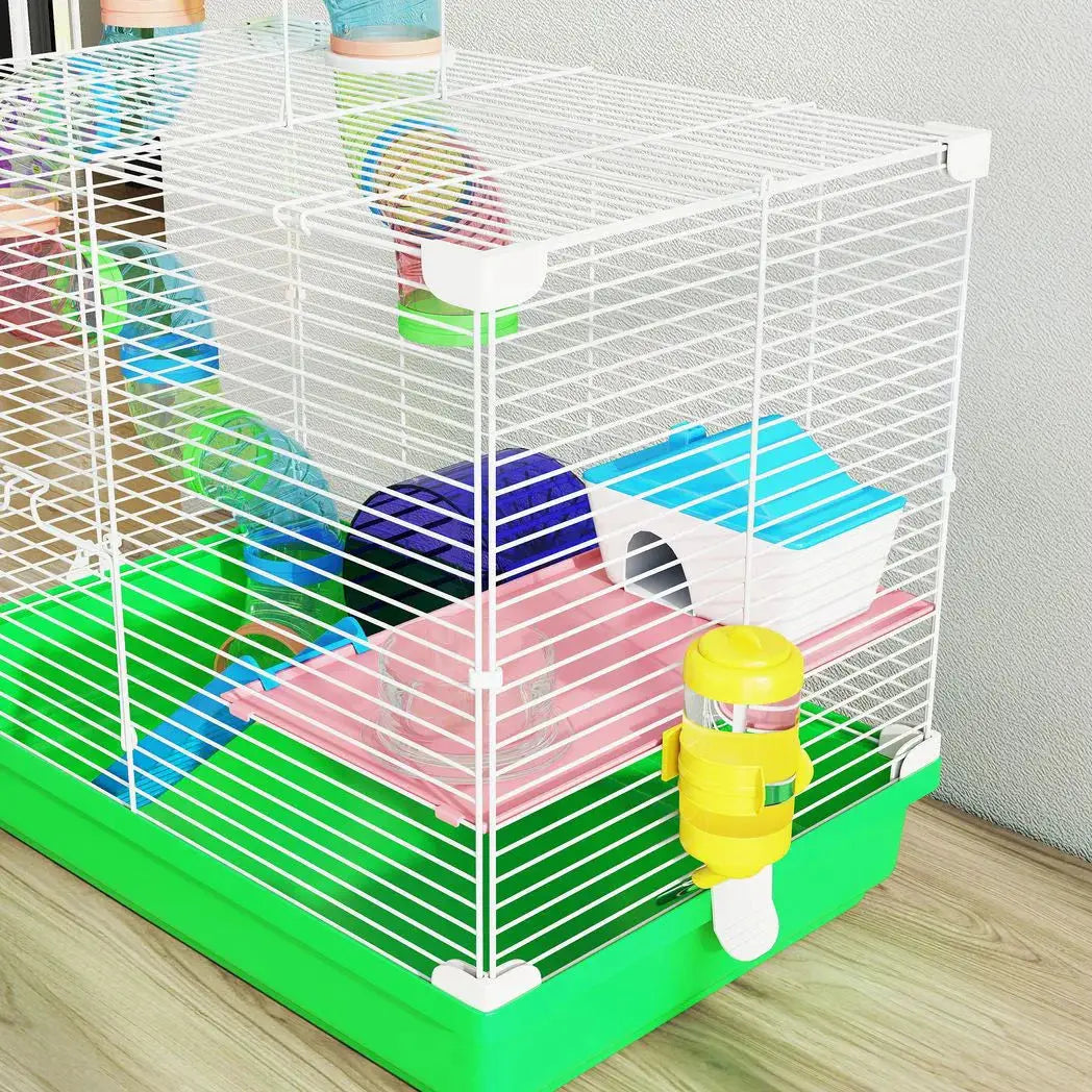 PawHut 2 Tier Hamster Cage, Gerbil Cage with Handle, Exercise Wheels, Tunnel, Water Bottle, Dishes, Ladder, for Dwarf - from PawHut