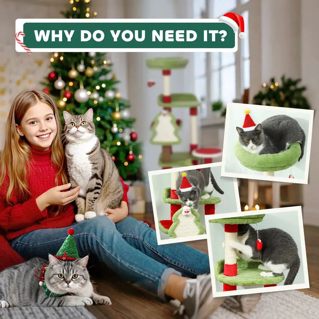 PawHut Cat Tree, 120cm Christmas Cat Tower with 3 Scratching Posts, Scratching Board, 2 Perches, Platforms, Toys, Green - from PawHut
