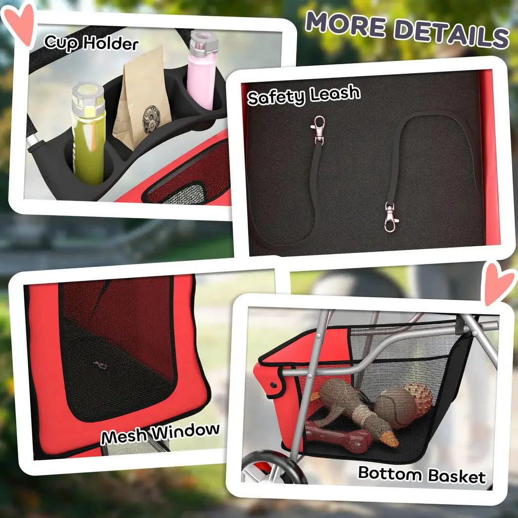 PawHut Dog Pram, Pet Stroller with Reflective Strips, Foldable Cat Stroller with 360° Swivel Wheels, Red - from PawHut