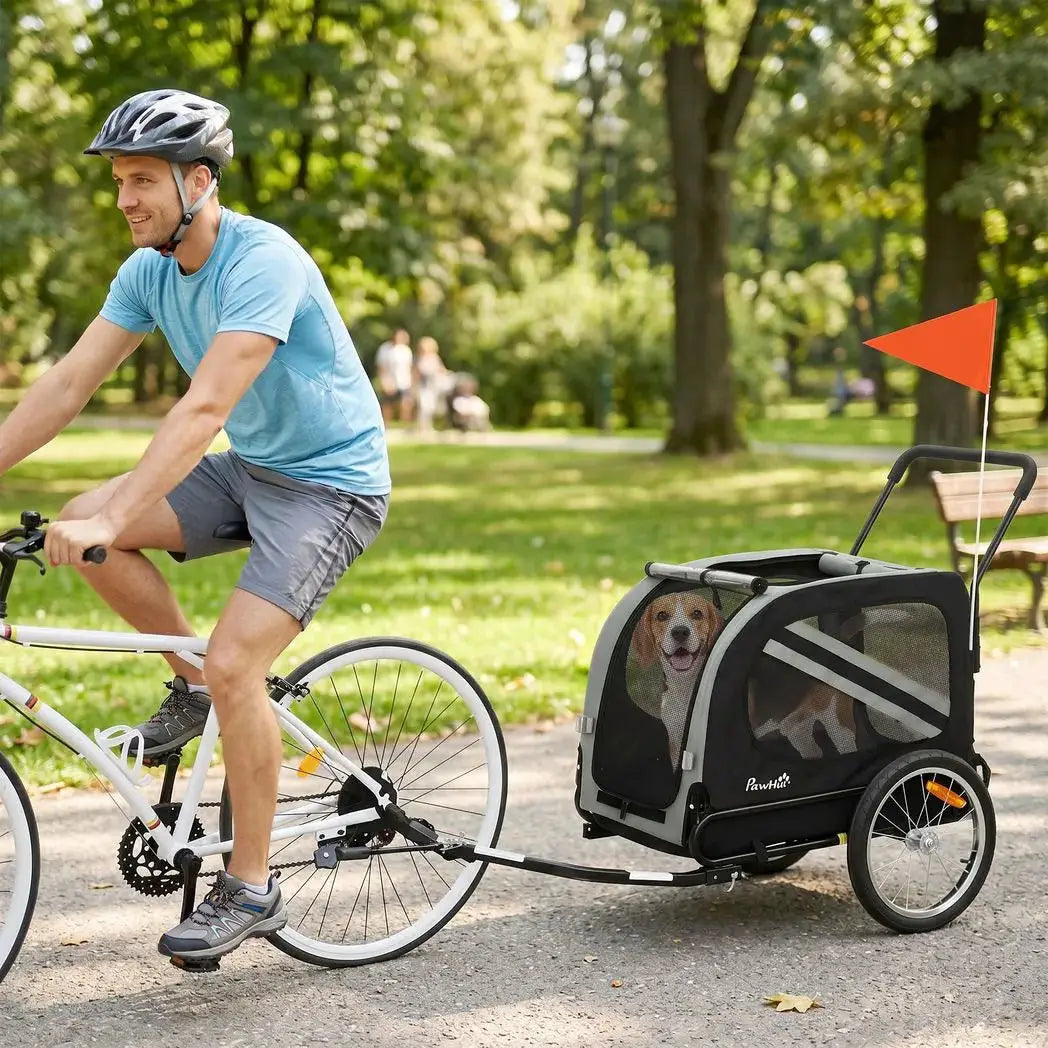 PawHut 2-In-1 Pet Bike Trailer Dog Stroller Pushchair with Universal Wheel Reflector Flag Grey - from PawHut