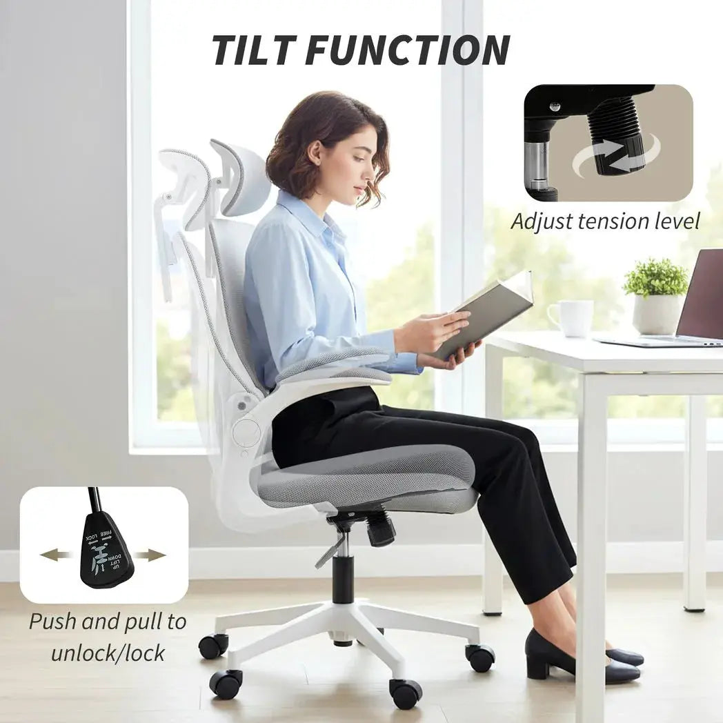 HOMCOM Ergonomic Office Chair with Foldable Backrest, 2D Headrest - Light Grey - from HOMCOM