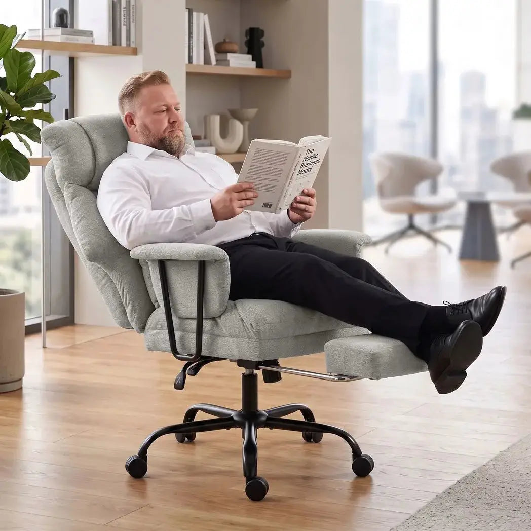 HOMCOM Office Chair, 180kg Heavy Duty Linen Computer Desk Chair with Lumbar Support, Wide Seat, Spring Cushion, Grey - from HOMCOM