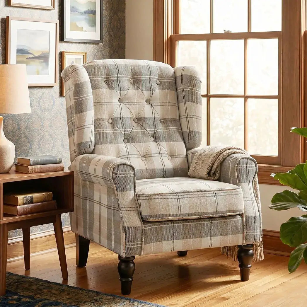 HOMCOM Wingback Accent Chair, Linen-Look Fabric Armchair with Thick Spring Cushion, High Back, Khaki Plaid - from HOMCOM