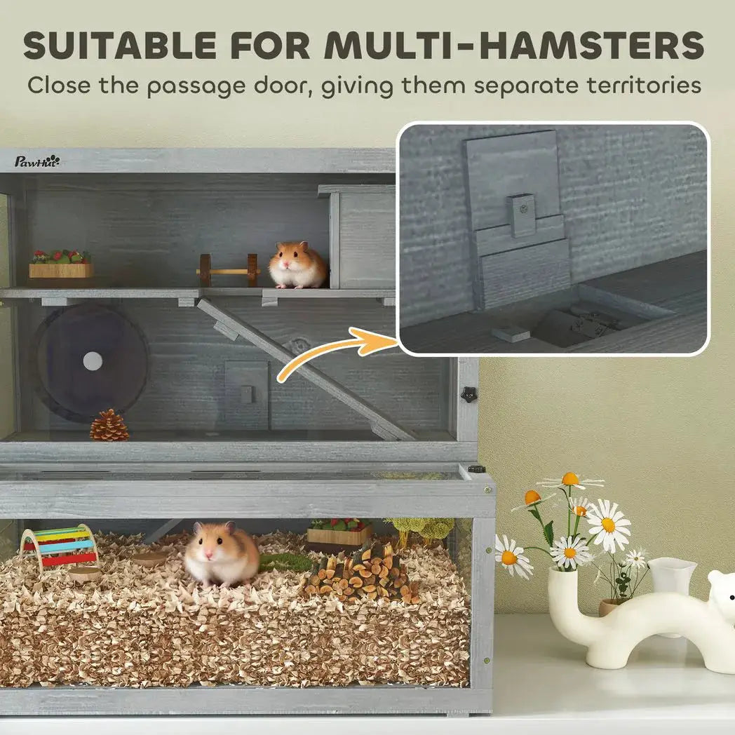 PawHut Wooden Hamster Cage with Hut, Wheel, Ramps, Removable Viewing Panels, 80 x 50 x 84 cm, Grey - from PawHut