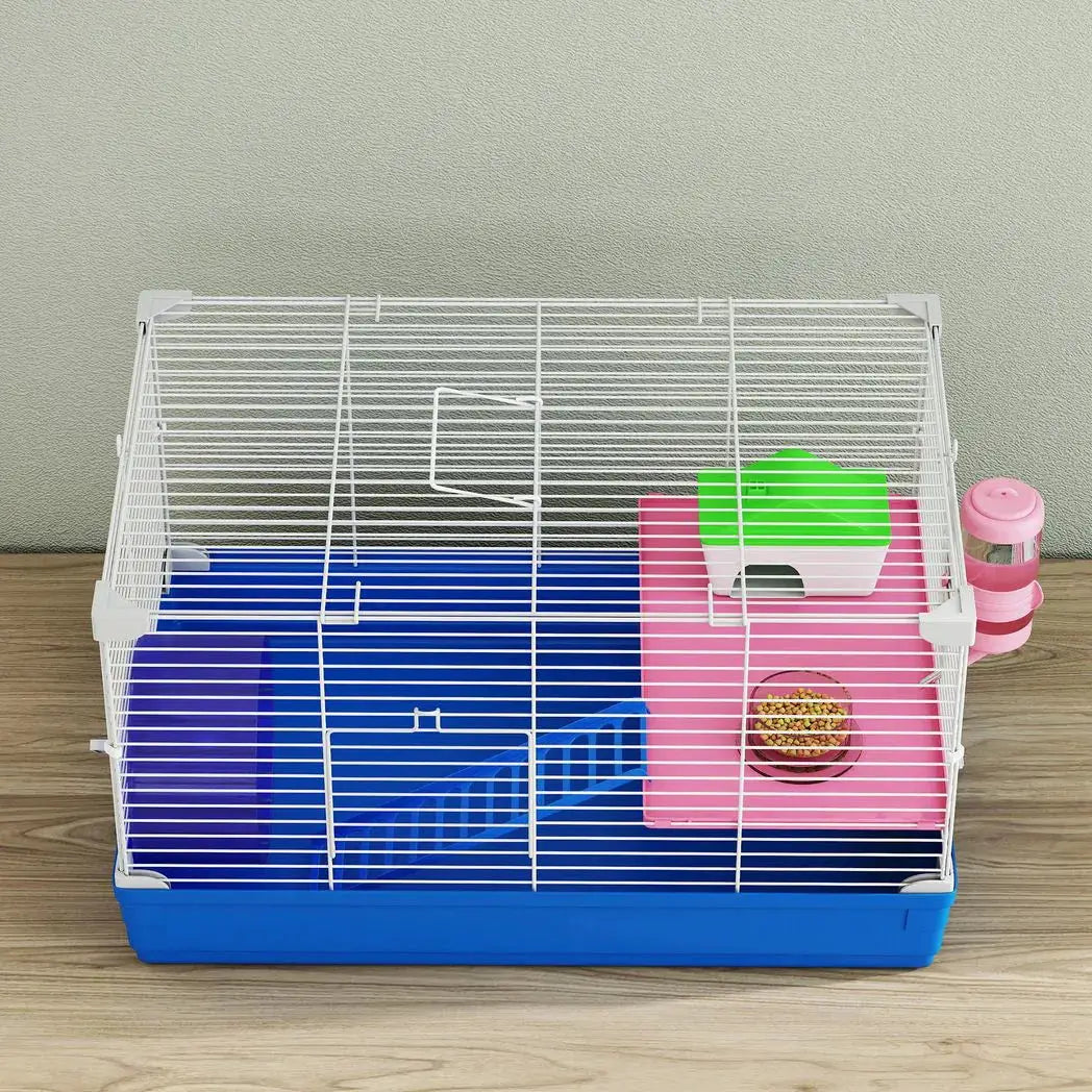 PawHut Hamster Cage, Small Gerbil Cage 2 Tiers Portable w/ Handle, Exercise Wheel, Water Bottle, Dishes, Blue - from PawHut