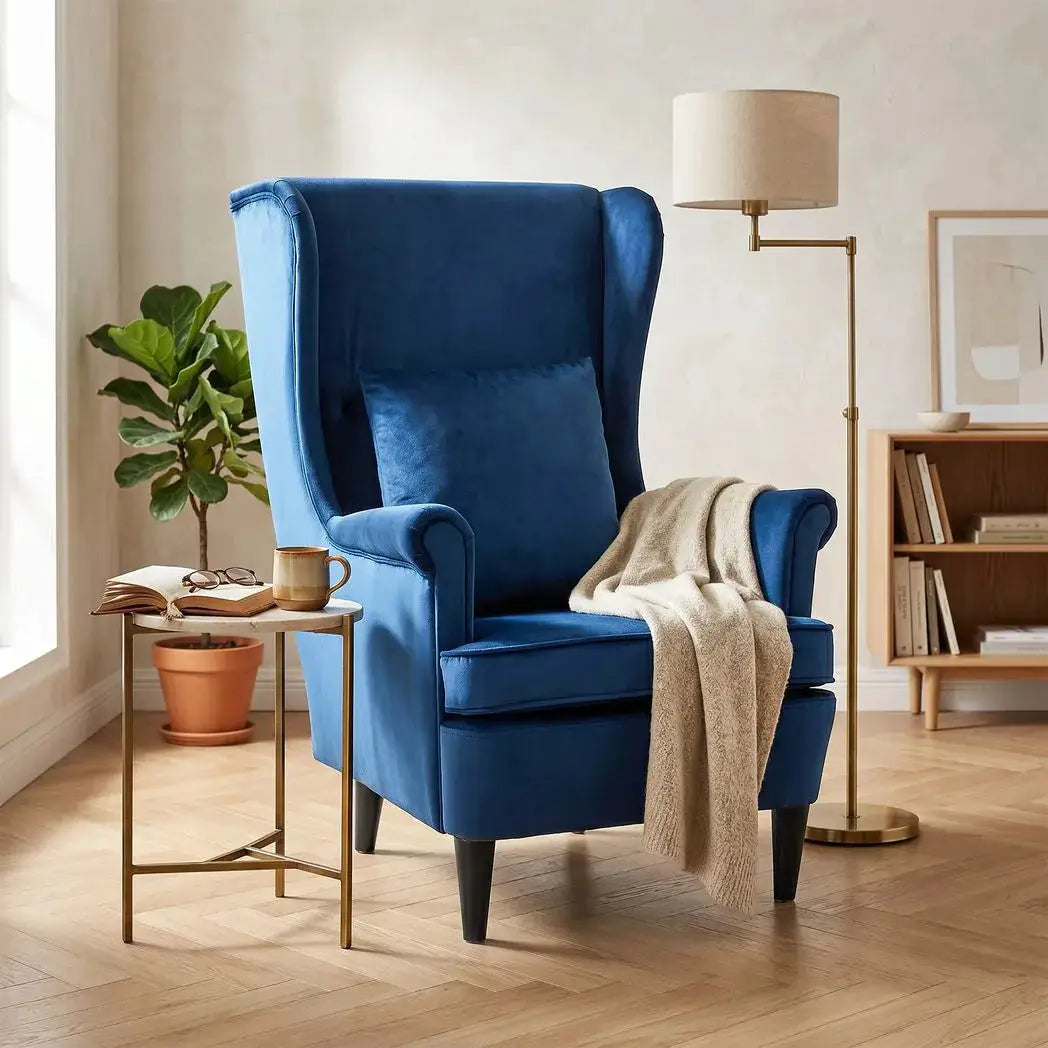 HOMCOM Modern Accent Chair with High Backrest and Pillow, Velvet-Feel Fabric Reading Chair with Solid Wood Legs, Blue - from HOMCOM