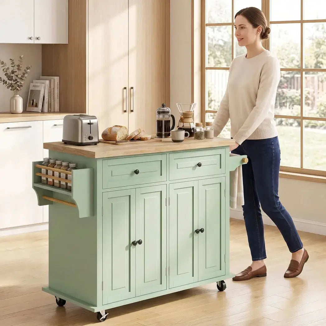 HOMCOM Rolling Kitchen Island Storage Trolley with Rubber Wood Top & Drawers for Dining Room, Light Green - from HOMCOM