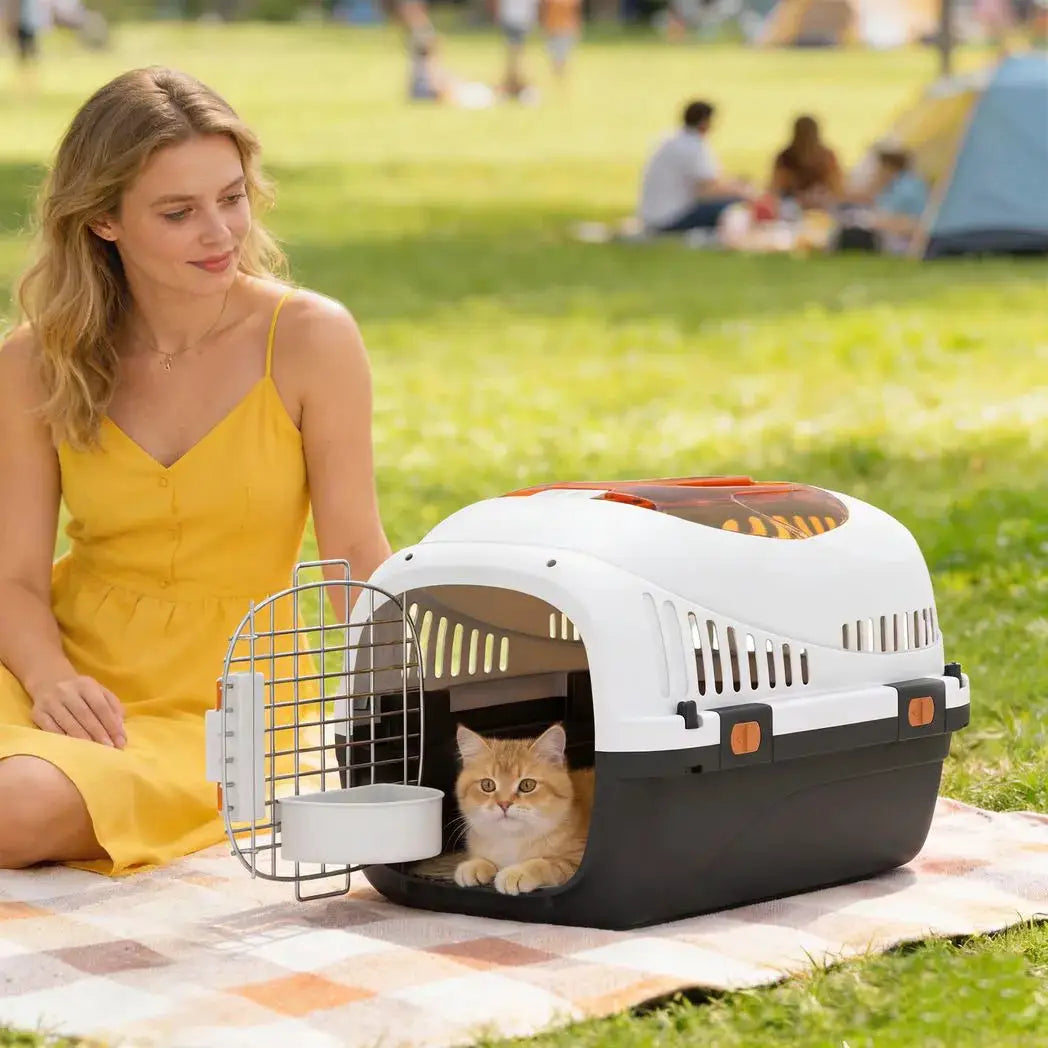 PawHut Plastic Pet Carrier Hard Shell Dog Cat Carrier Max 4 KG Steel Door Feed Bowl Secure Lock 49 x 32 x 31 cm - from PawHut