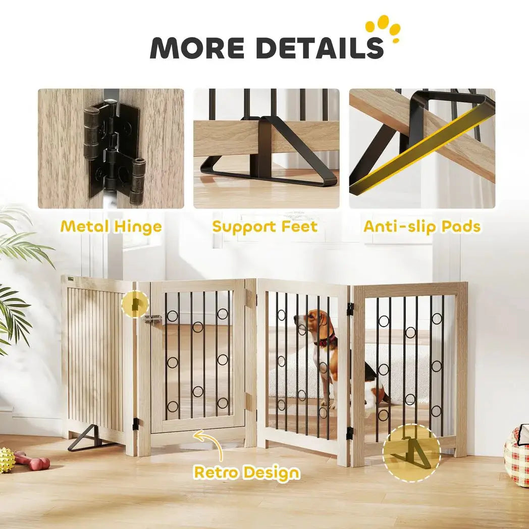 PawHut 4 Panel Freestanding Pet Gate, Indoor Dog Barrier with Lockable Door, Support Feet, 360° Flexible Hinges, Oak - from PawHut
