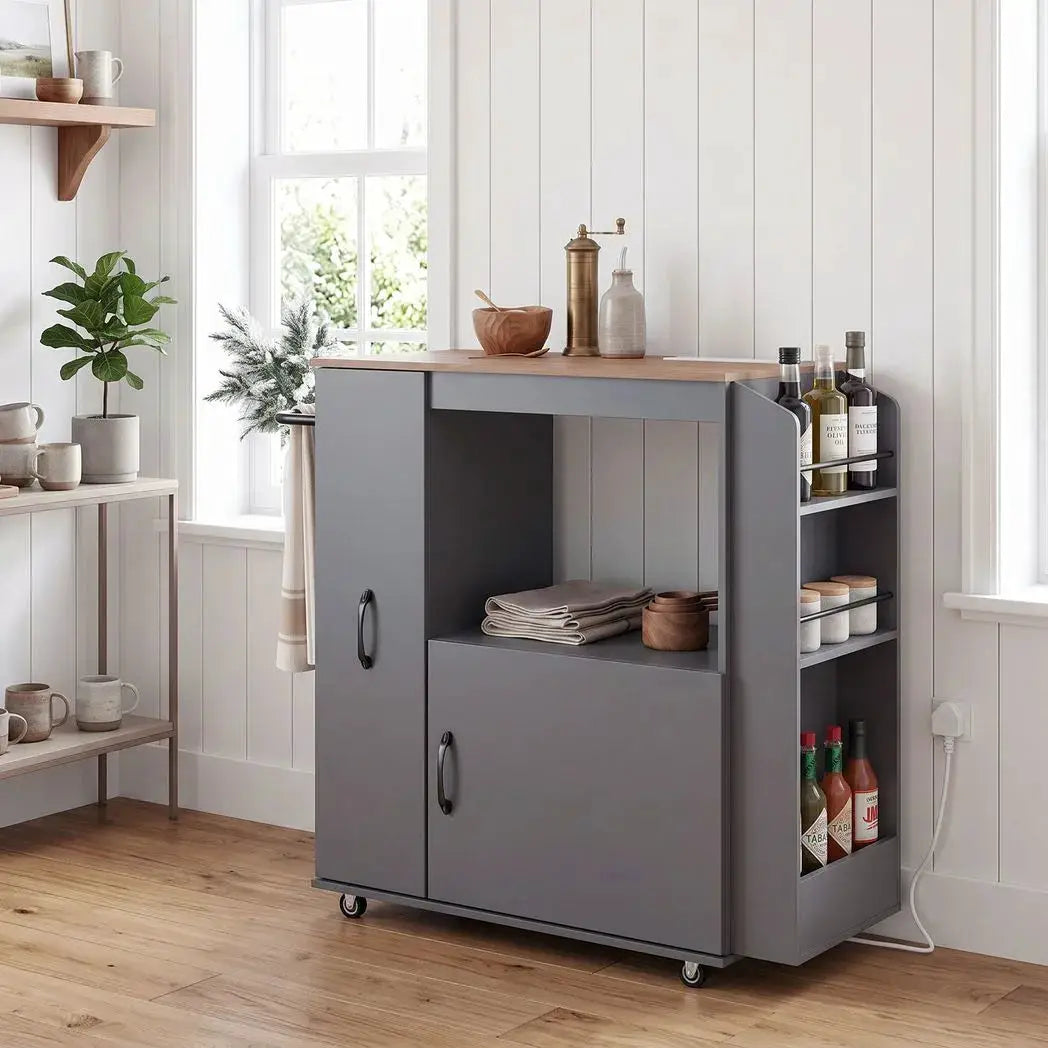 HOMCOM Kitchen Trolley on Wheels, Rolling Kitchen Island Cart with Power Outlet, Cabinet, Pull-Out Drawer, Grey - from HOMCOM
