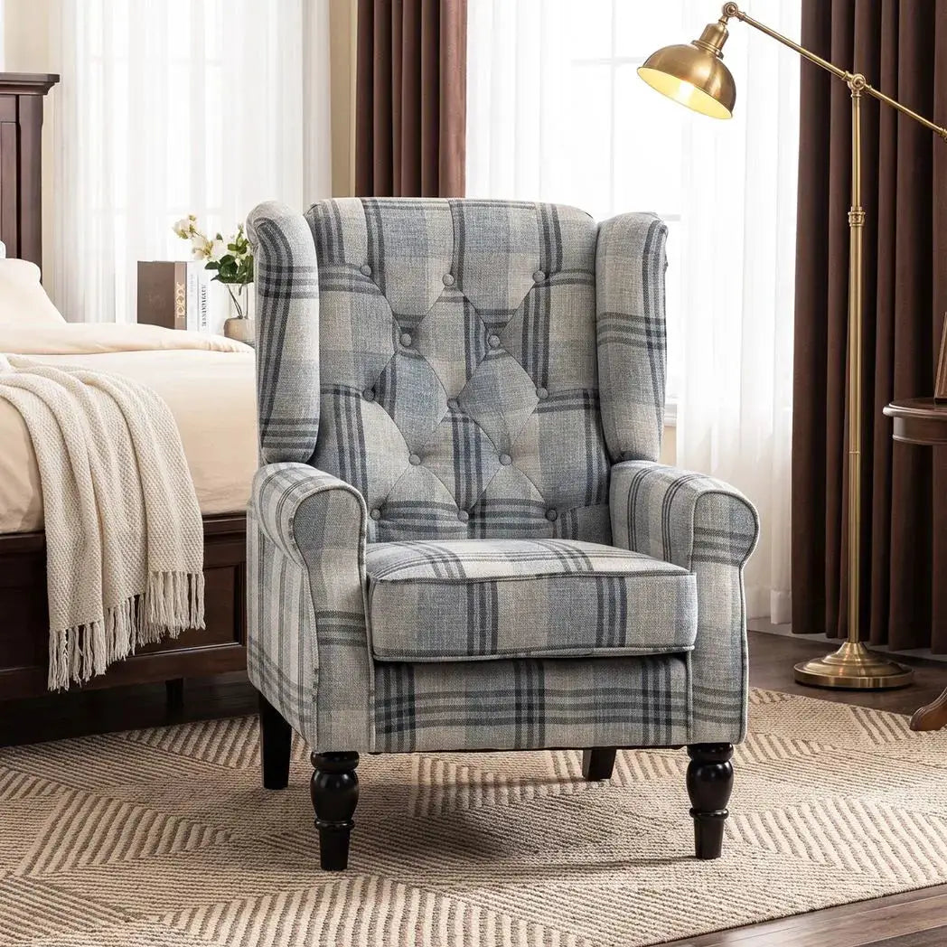 HOMCOM Faux Linen Armchair with Thick Spring Cushion, Wingback Accent Chair with High Back, Solid Wood Legs, Mixed Plaid - from HOMCOM