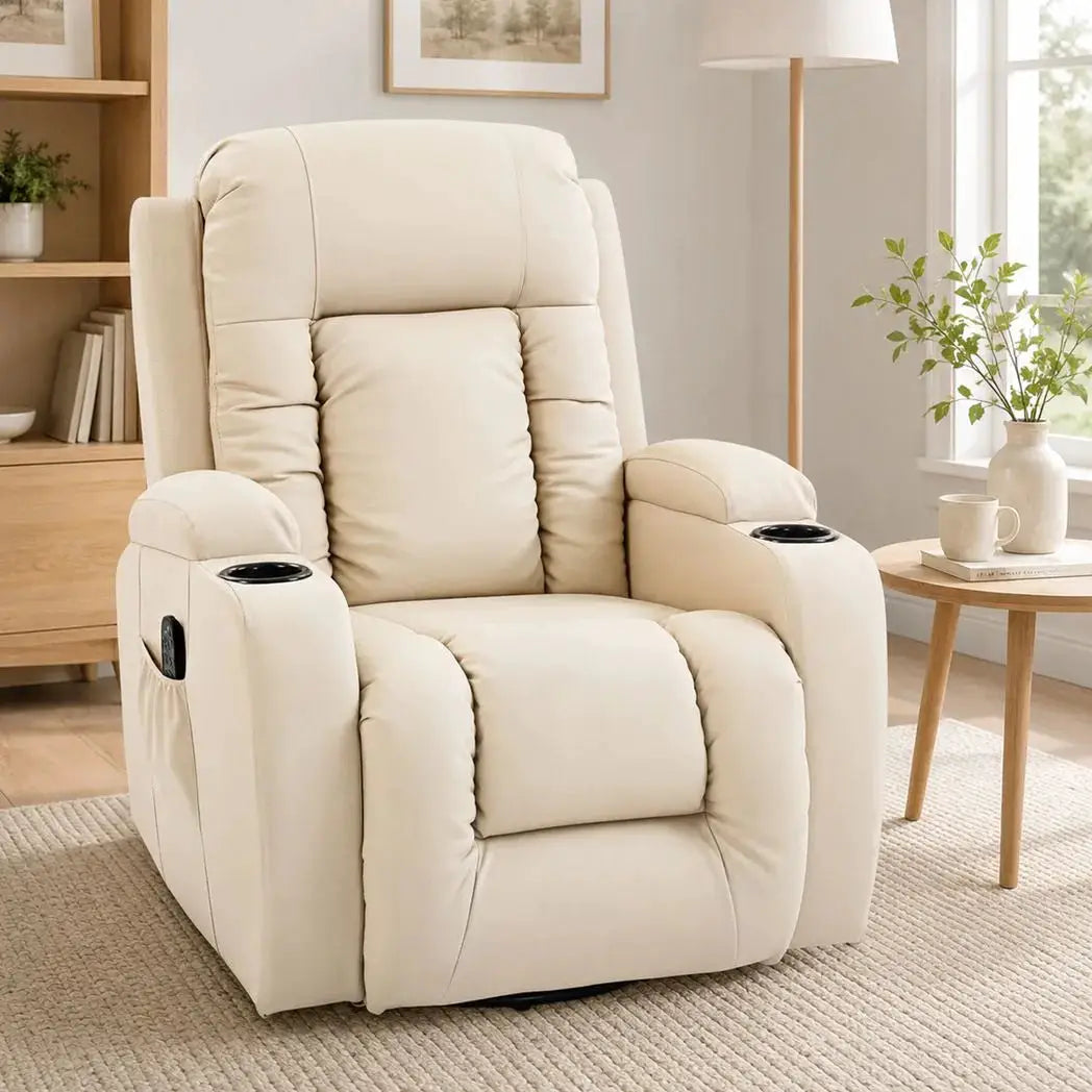 HOMCOM PU Leather Recliner Chair, Recliner Armchair with Extended Footrest, Cup Holders and Side Pockets, Cream - from HOMCOM