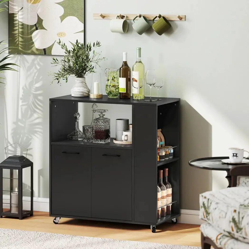 HOMCOM Kitchen Trolley on Wheels, Rolling Kitchen Island Cart with 2-Door Cabinet, Spice Rack and Adjustable Shelf, Black - from HOMCOM