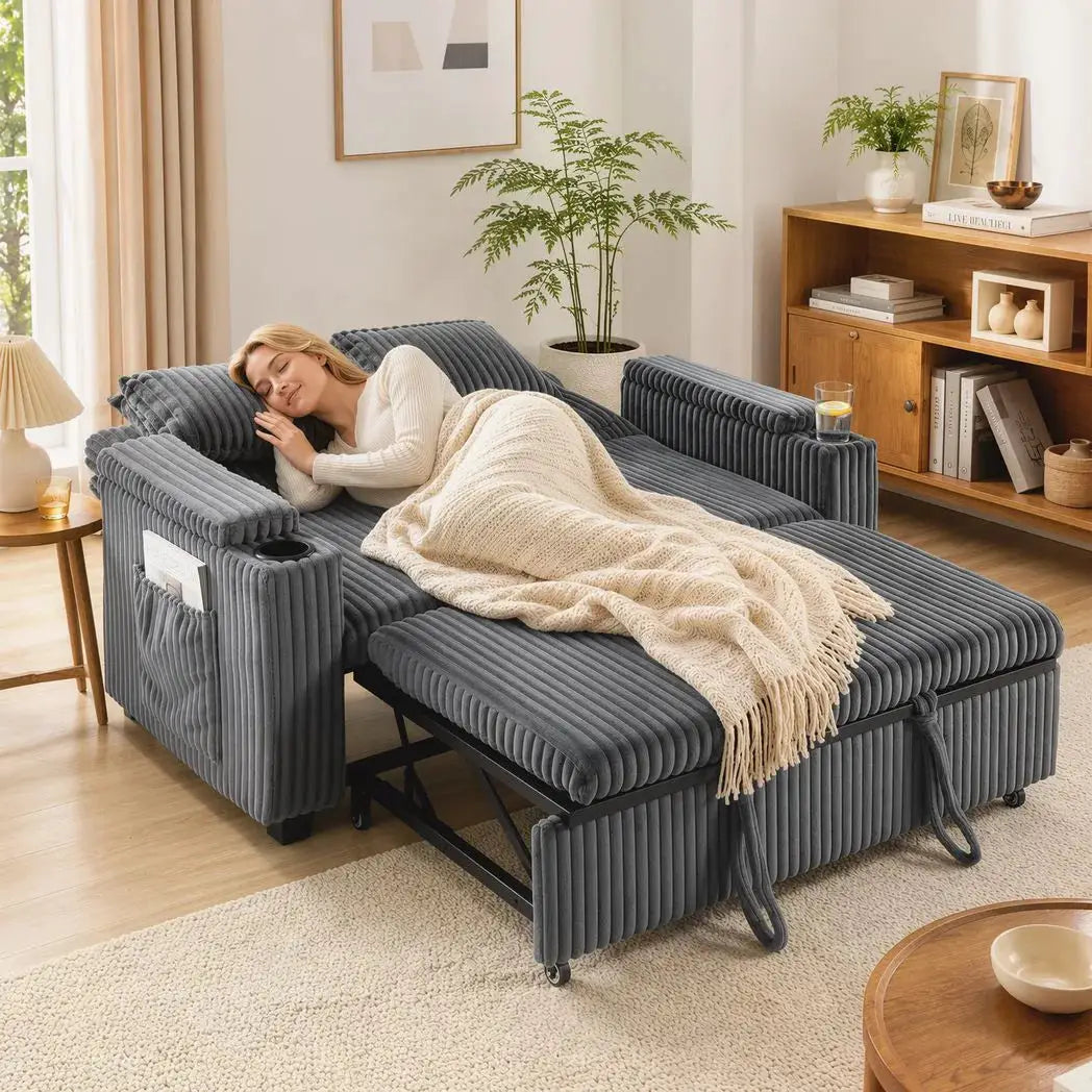 HOMCOM 2 Seater Sofa Bed, Pull Out Sleeper Sofa w/ Adjustable Backrest, Storage Armrests, Cup Holders, Side Pockets, Dark Grey - from HOMCOM