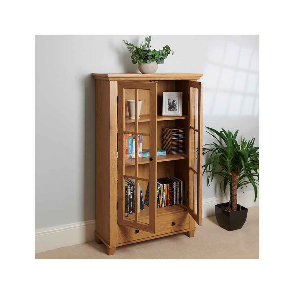 Greenhurst Greenhurst Display Cabinet, Media Storage with Shelving and Drawer, Double Perspex Doors H132.5 W76cm D30cm (Oak) - Uncategorized Display Cabinet